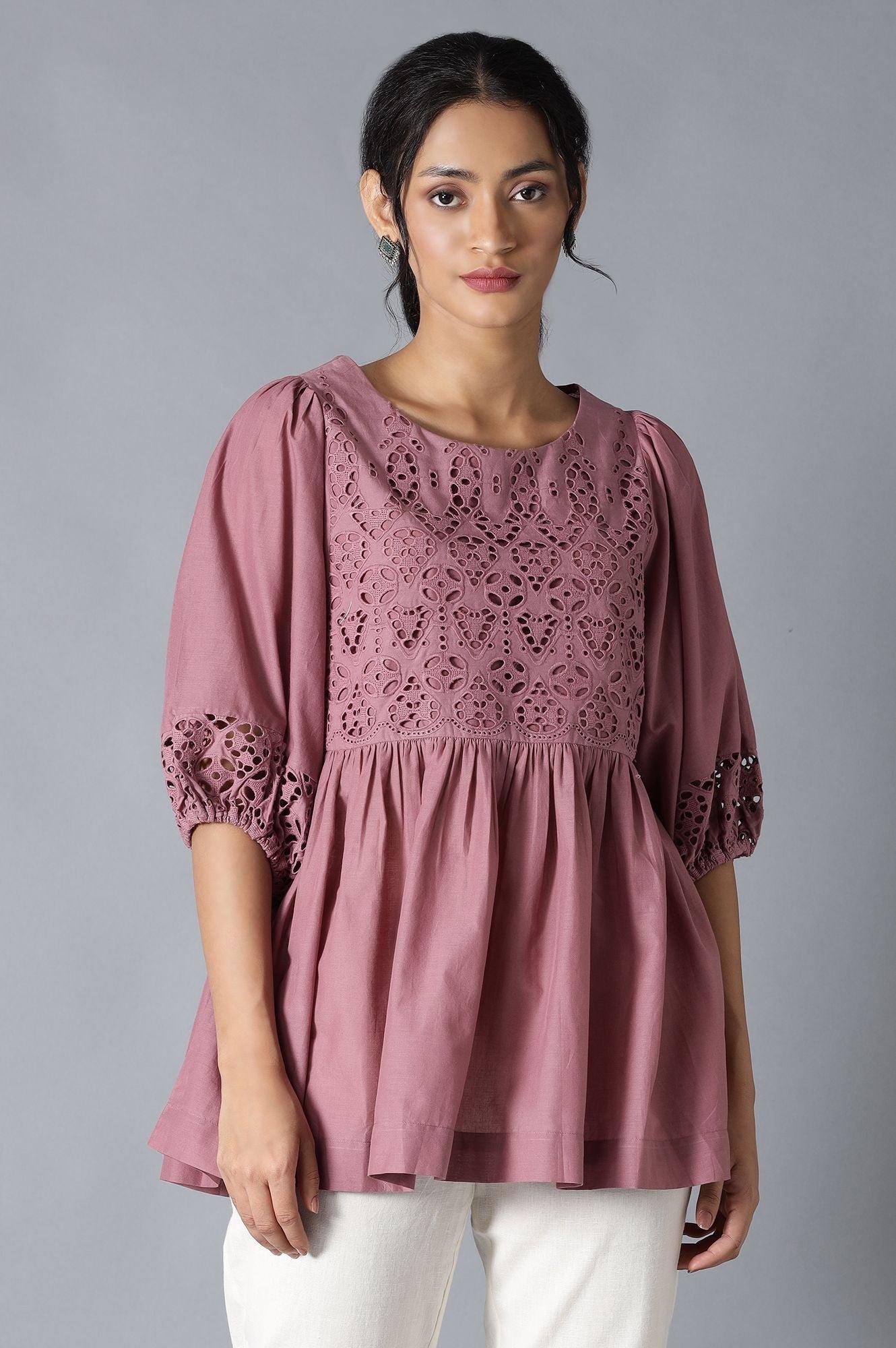 Pink Gathered Schiffli Top In Round Neck