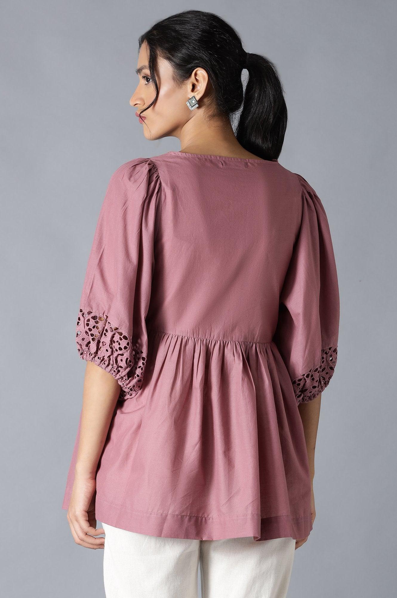 Pink Gathered Schiffli Top In Round Neck - Image 2