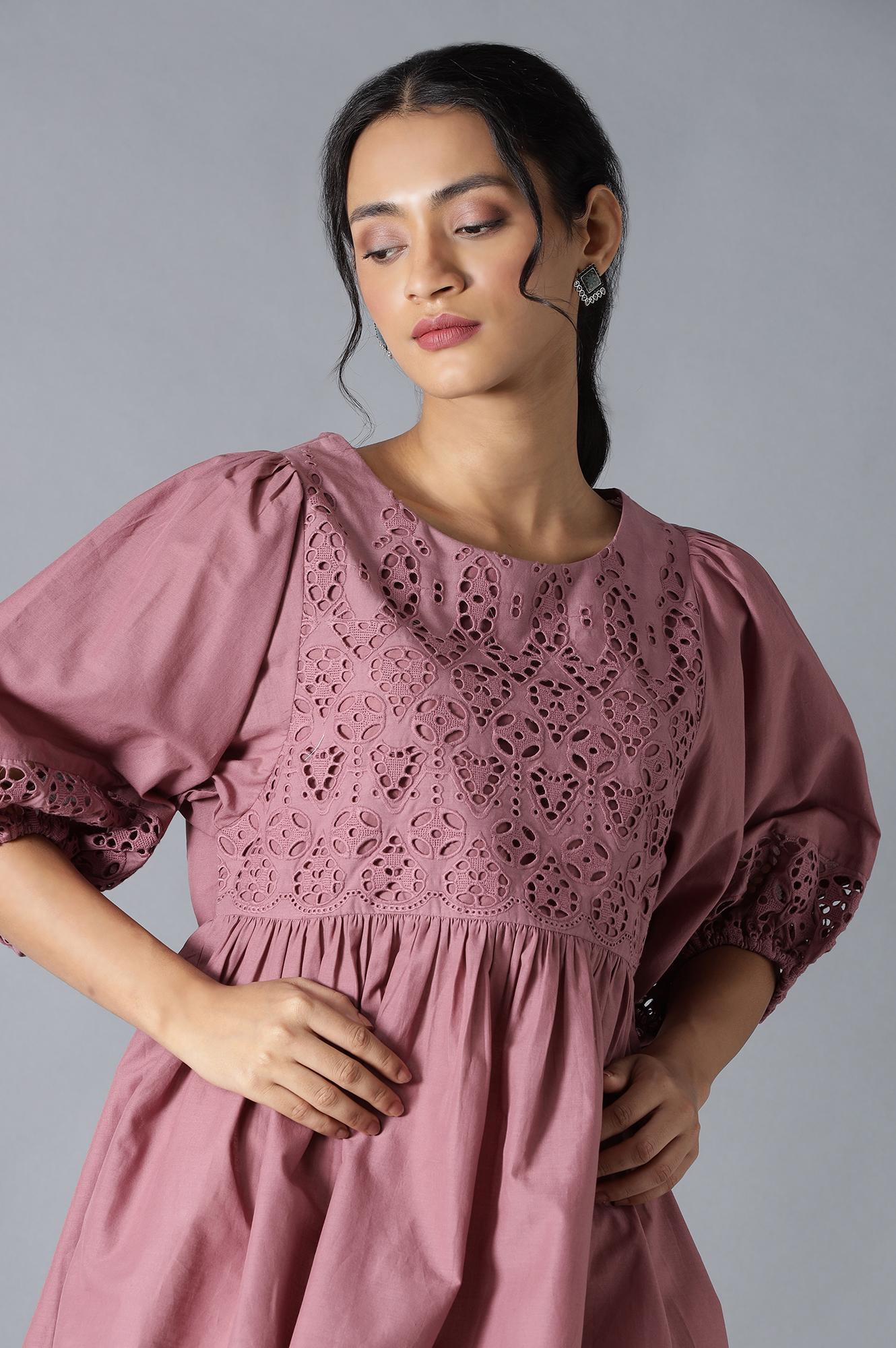 Pink Gathered Schiffli Top In Round Neck - Image 5