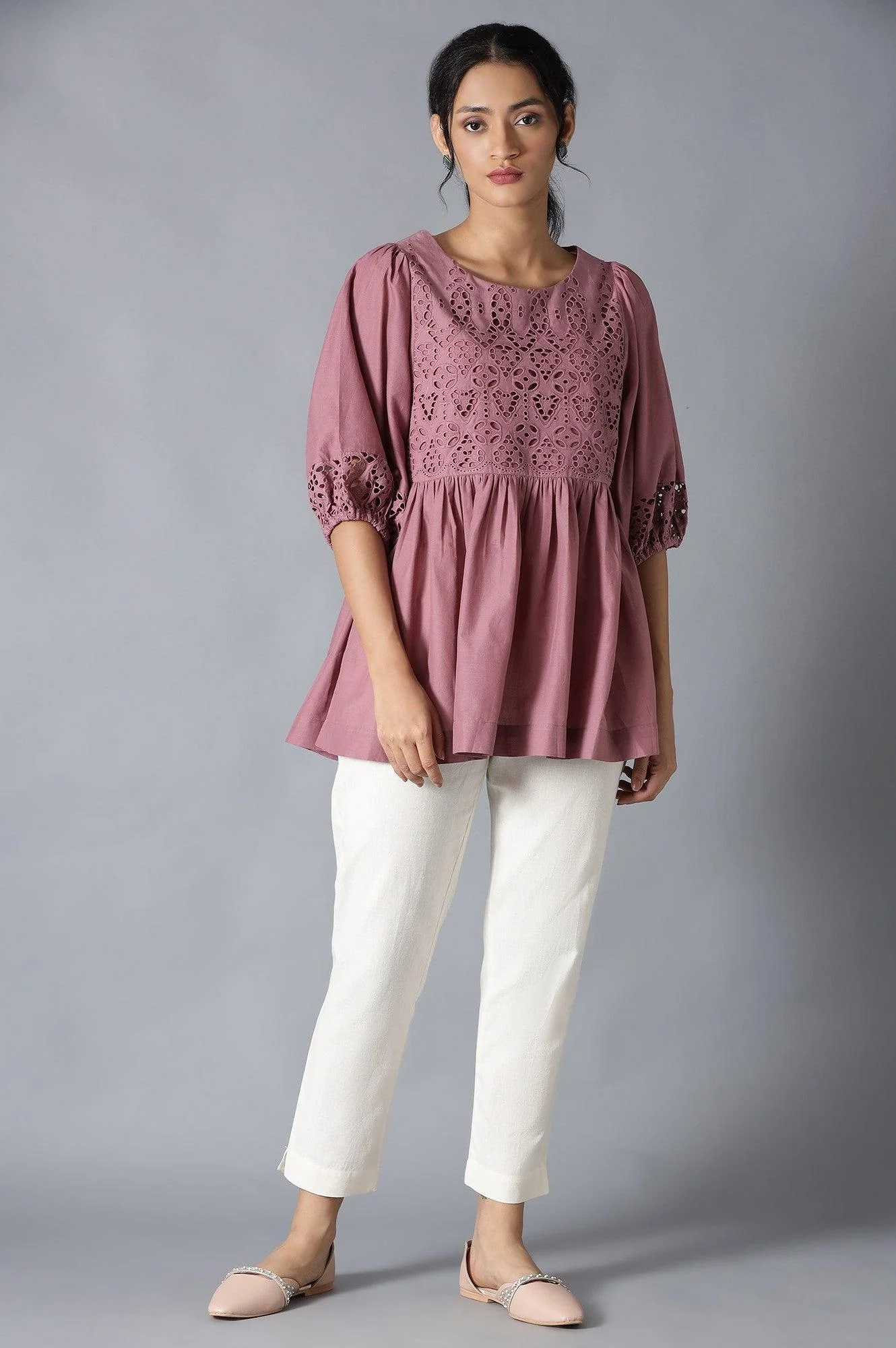 Pink Gathered Schiffli Top In Round Neck - Image 6