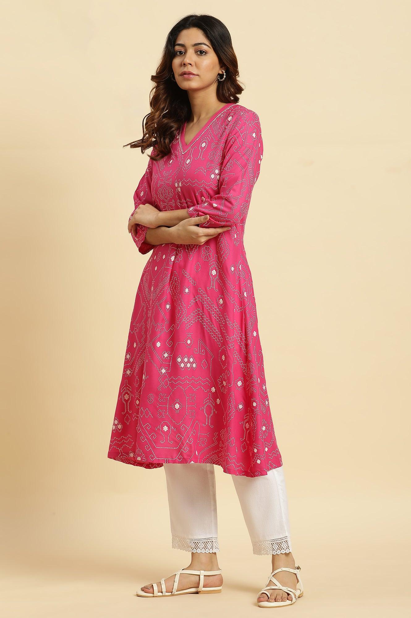 Pink Geometric Printed A-Line Kurta - Image 3