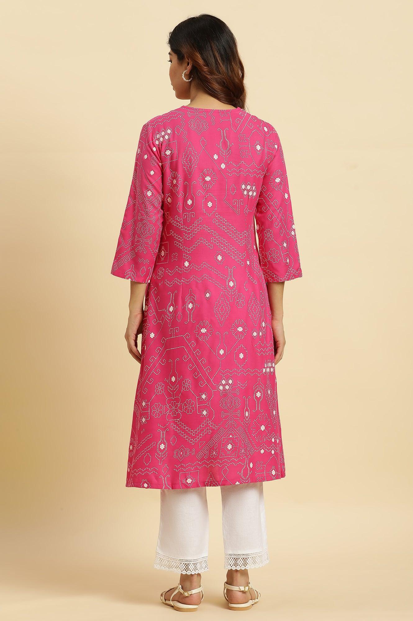 Pink Geometric Printed A-Line Kurta - Image 4