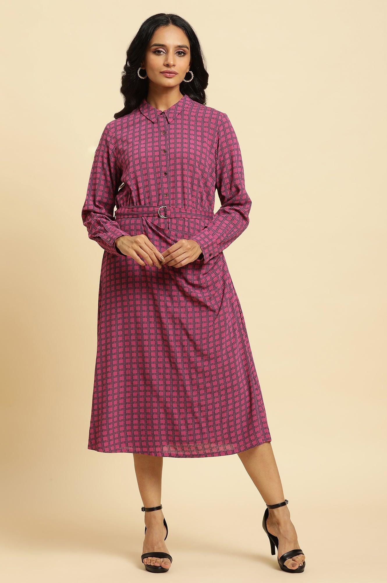 Pink Geometric Printed Mock Wrap Dress - Image 2