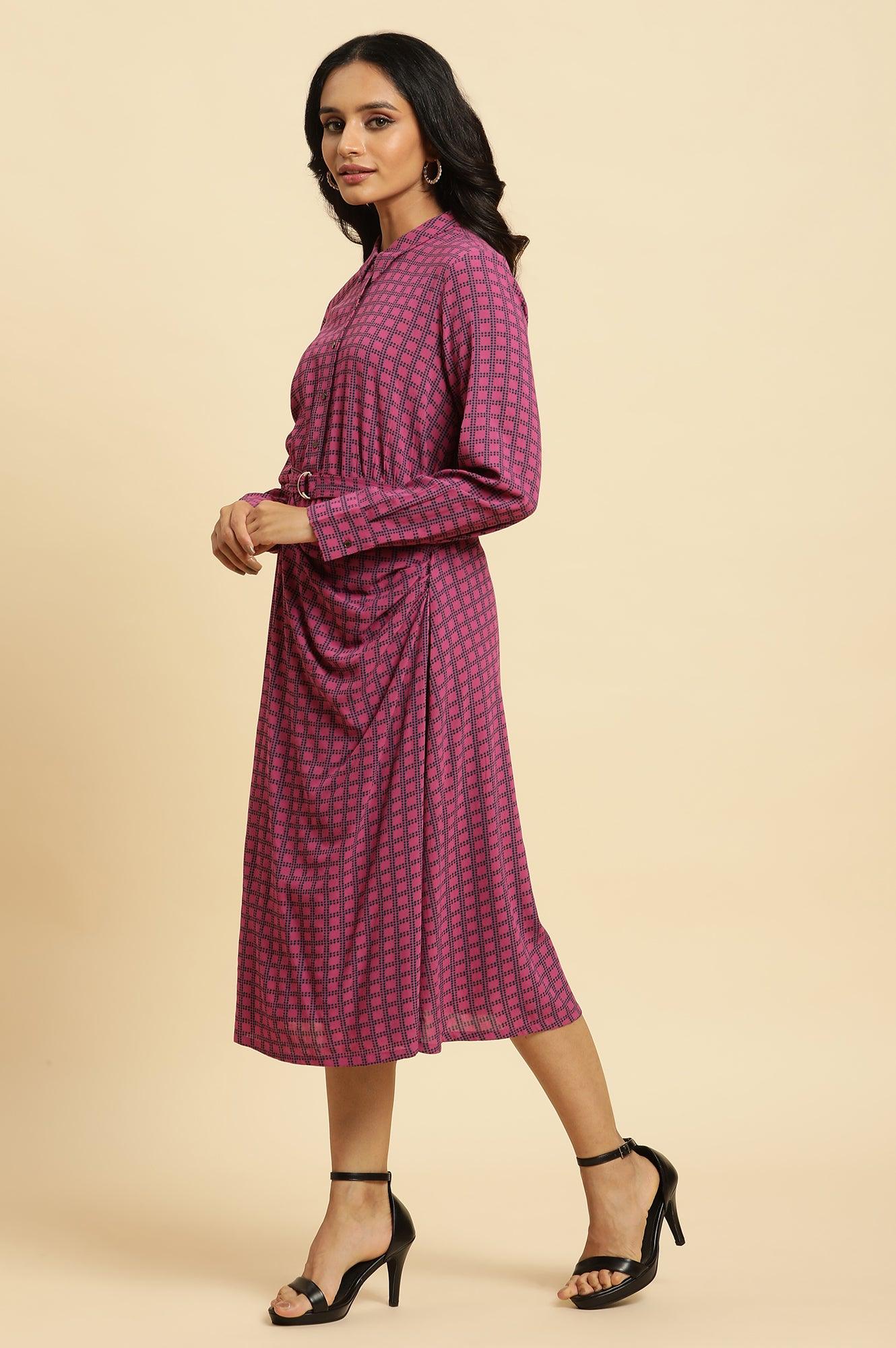 Pink Geometric Printed Mock Wrap Dress - Image 3