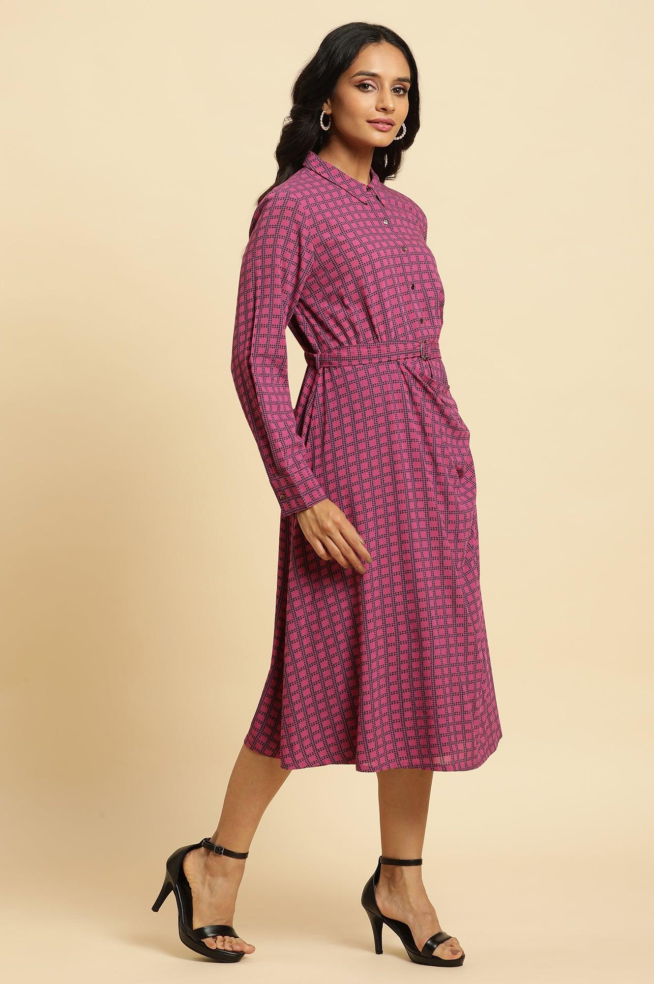 Pink Geometric Printed Mock Wrap Dress - Image 5
