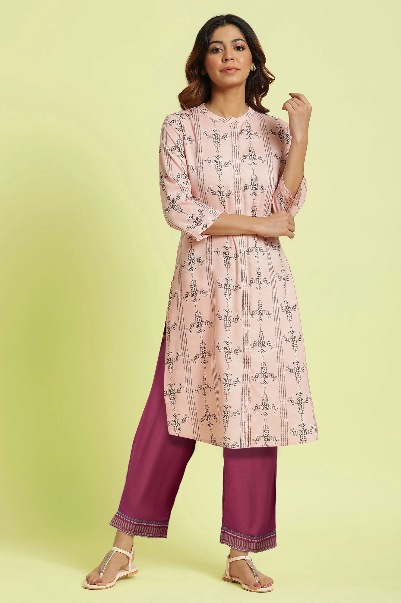 Pink Geometric Printed Straight Kurta with Slim Pant Set
