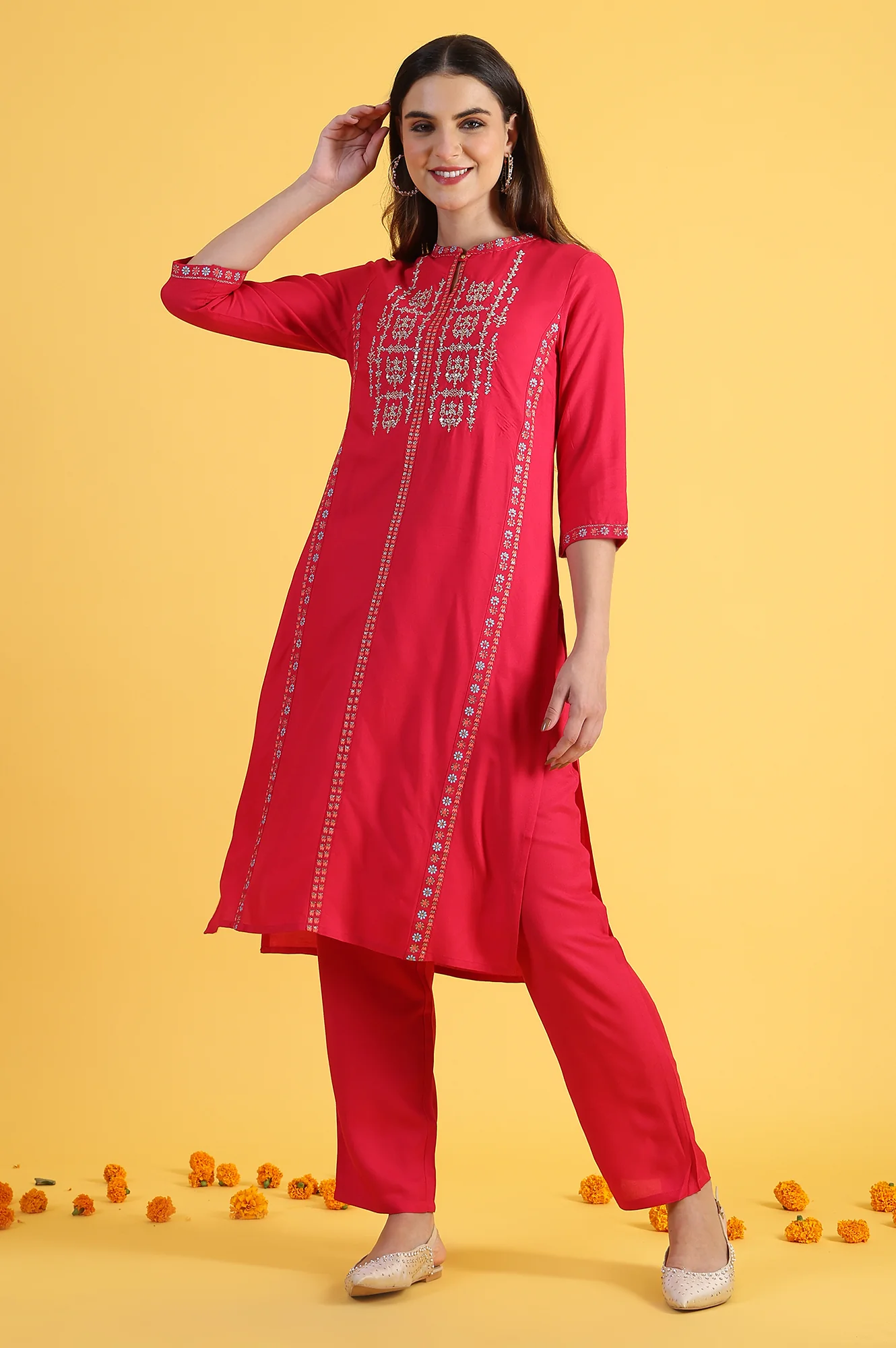 Pink Glitter Printed Embroidered Straight Kurta and Straight Pants Co-ord Set