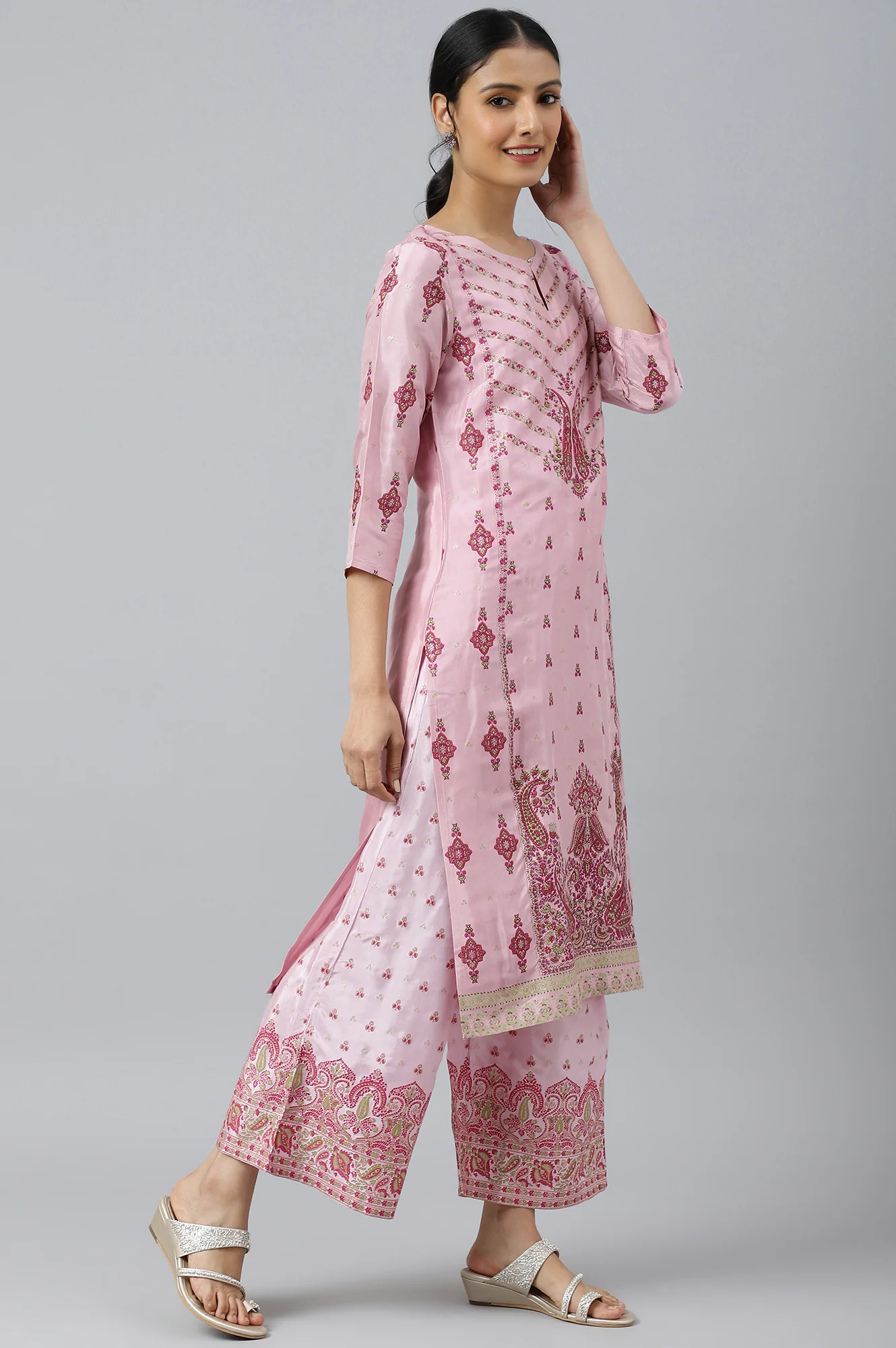 Pink Glitter Printed Shantung kurta - Image 6