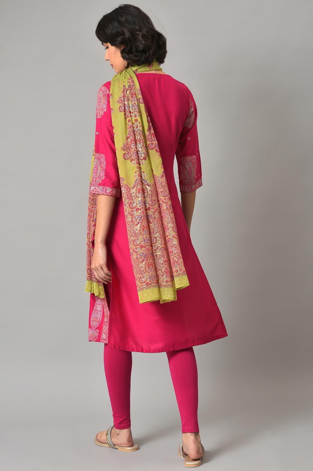 Pink Gold Glitter Printed kurta With Tights And Green Printed Dupatta - Image 2