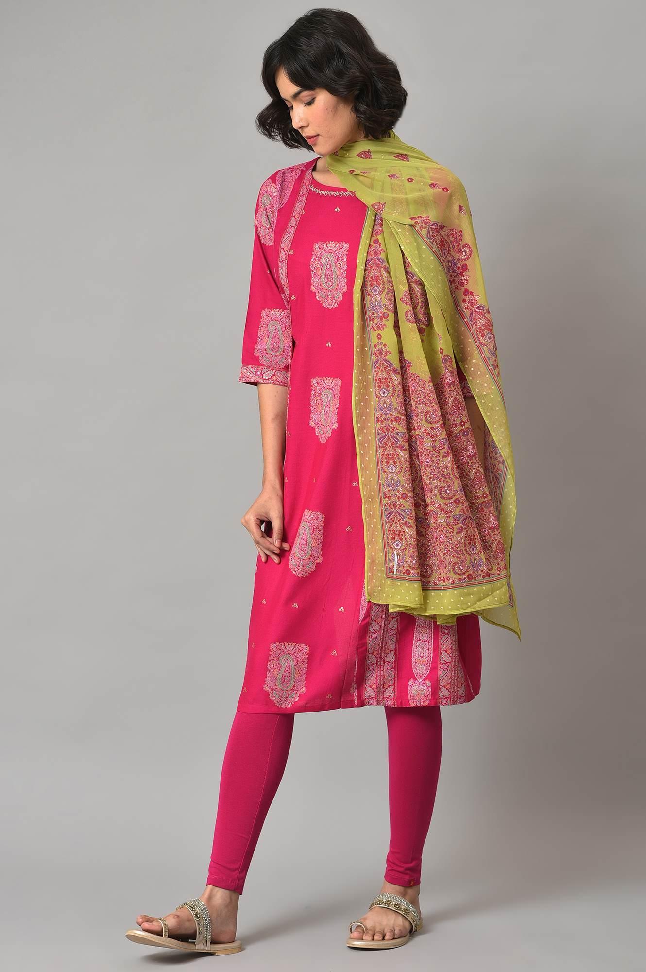 Pink Gold Glitter Printed kurta With Tights And Green Printed Dupatta - Image 3