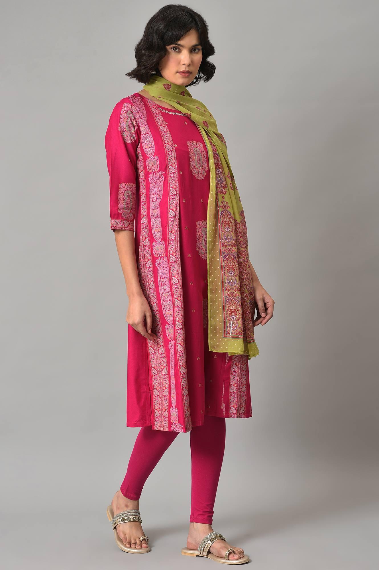 Pink Gold Glitter Printed kurta With Tights And Green Printed Dupatta - Image 4