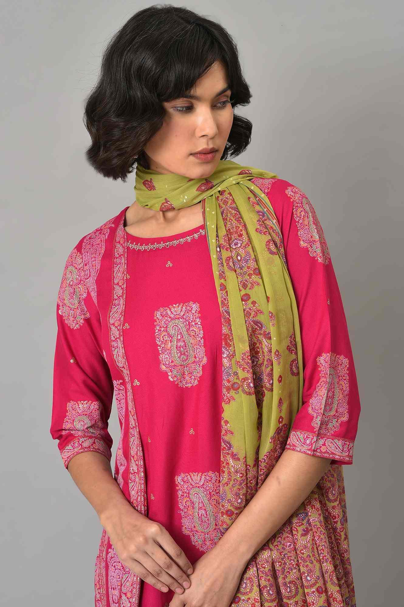 Pink Gold Glitter Printed kurta With Tights And Green Printed Dupatta - Image 5