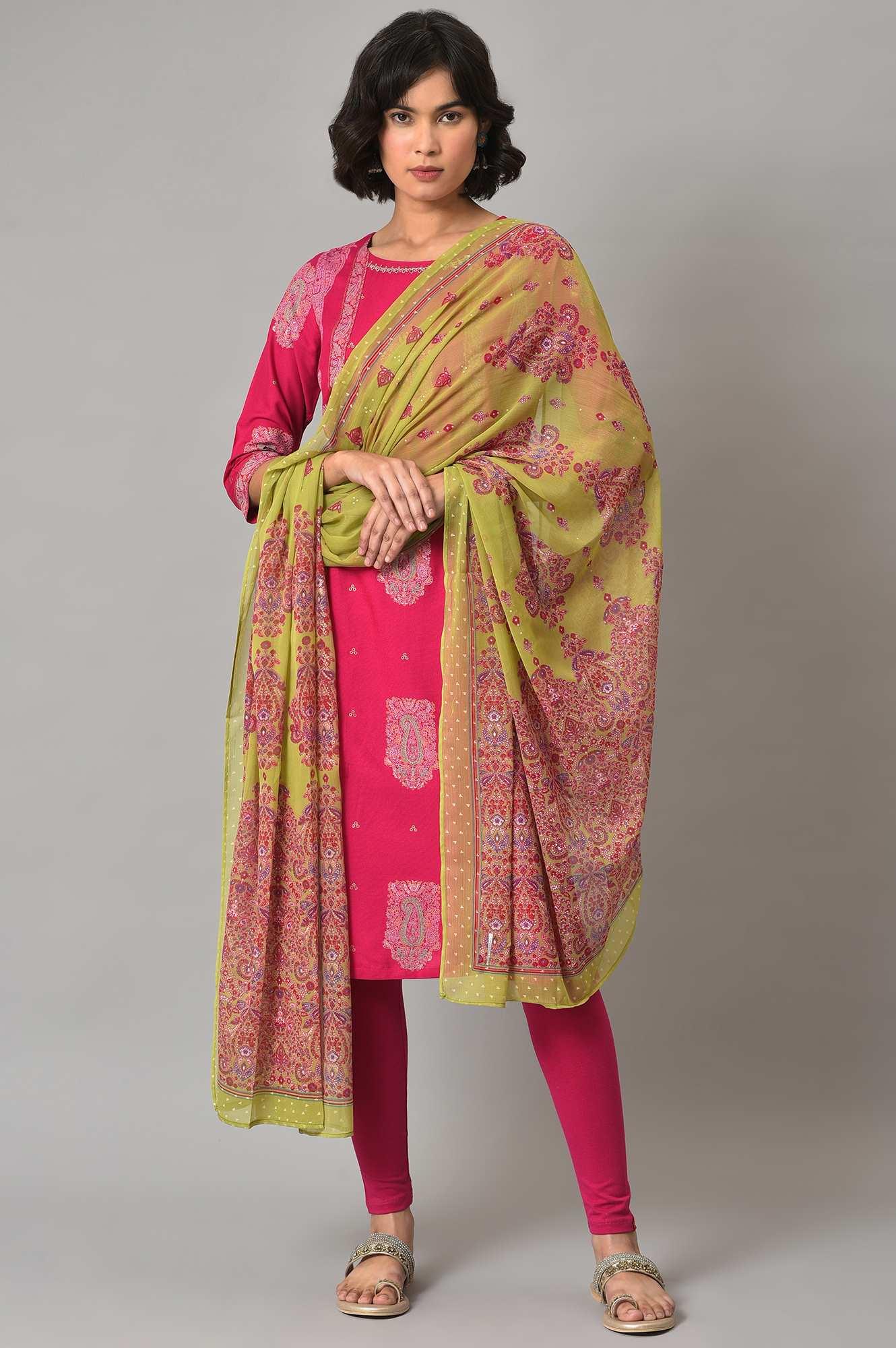 Pink Gold Glitter Printed kurta With Tights And Green Printed Dupatta - Image 9