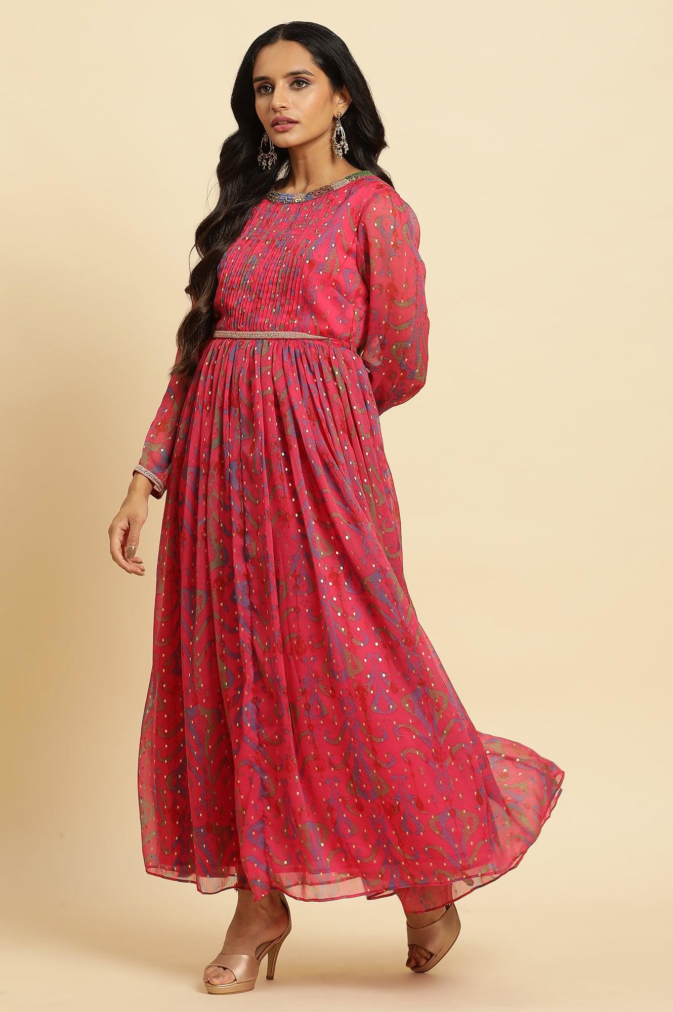 Pink Ikkat Printed Embellished Dress - Image 5