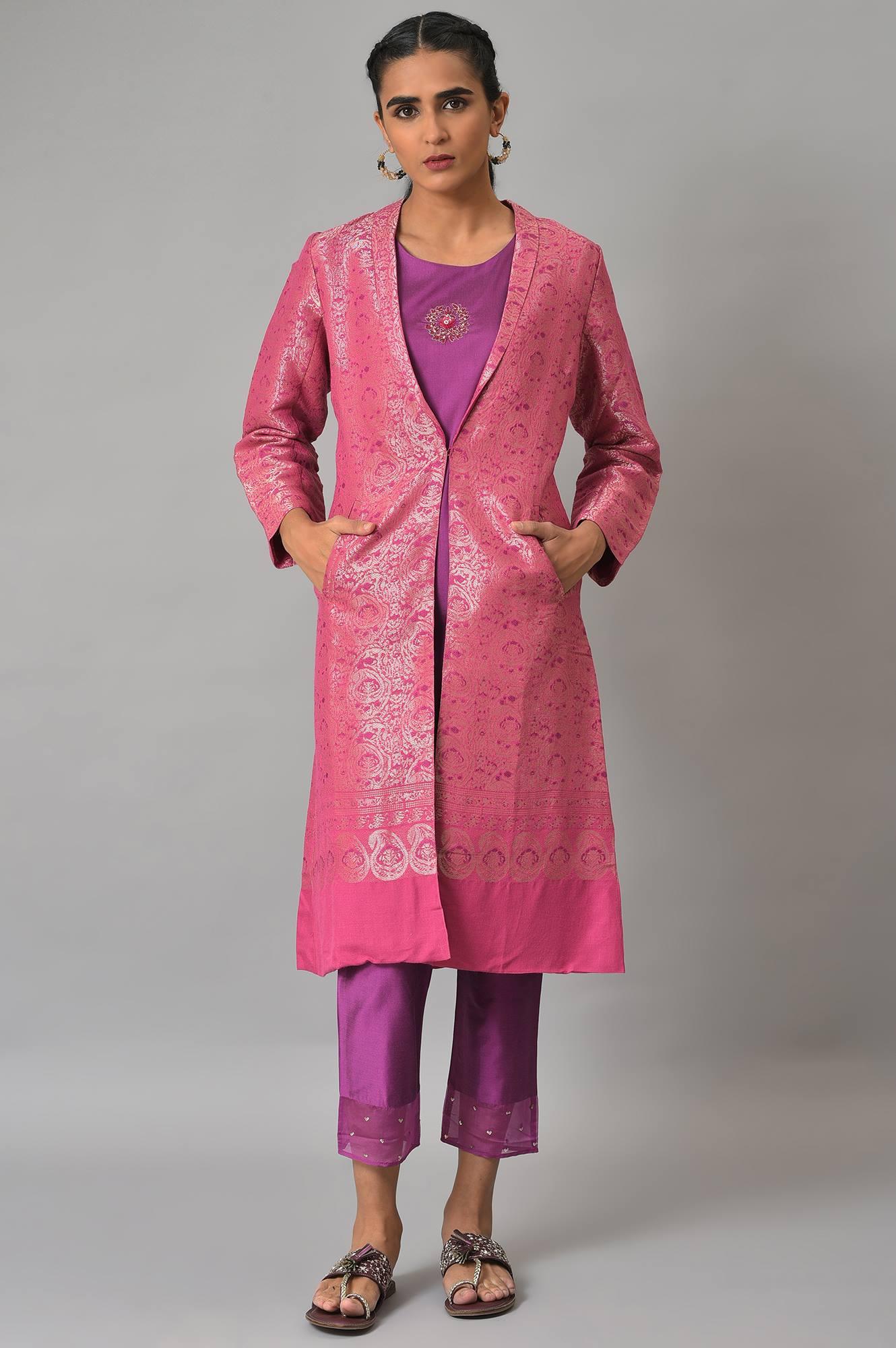 Pink Jacquard Jacket, Purple kurta & Pant Suit Set - Image 11