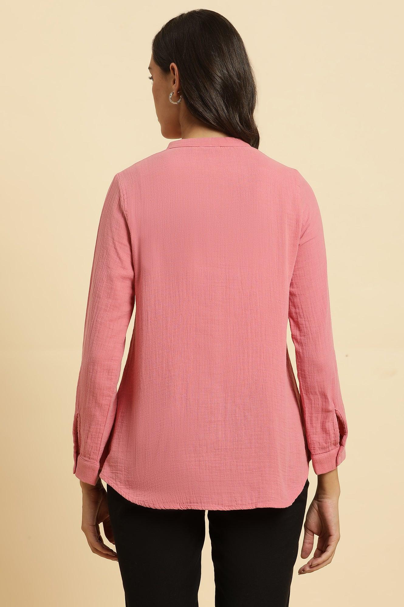 Pink Mandarin Collar Western Straight Top - Image 3