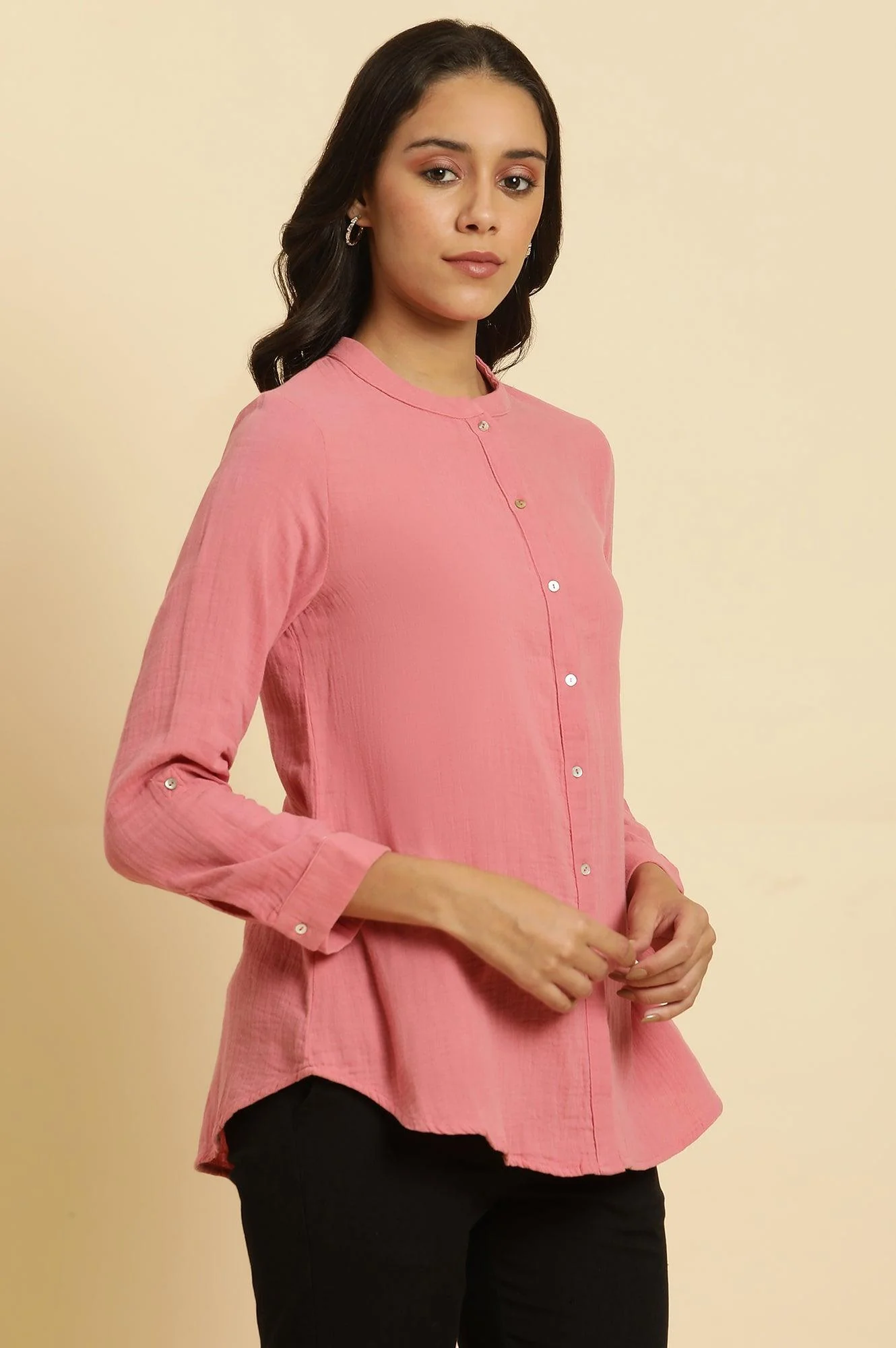 Pink Mandarin Collar Western Straight Top - Image 4