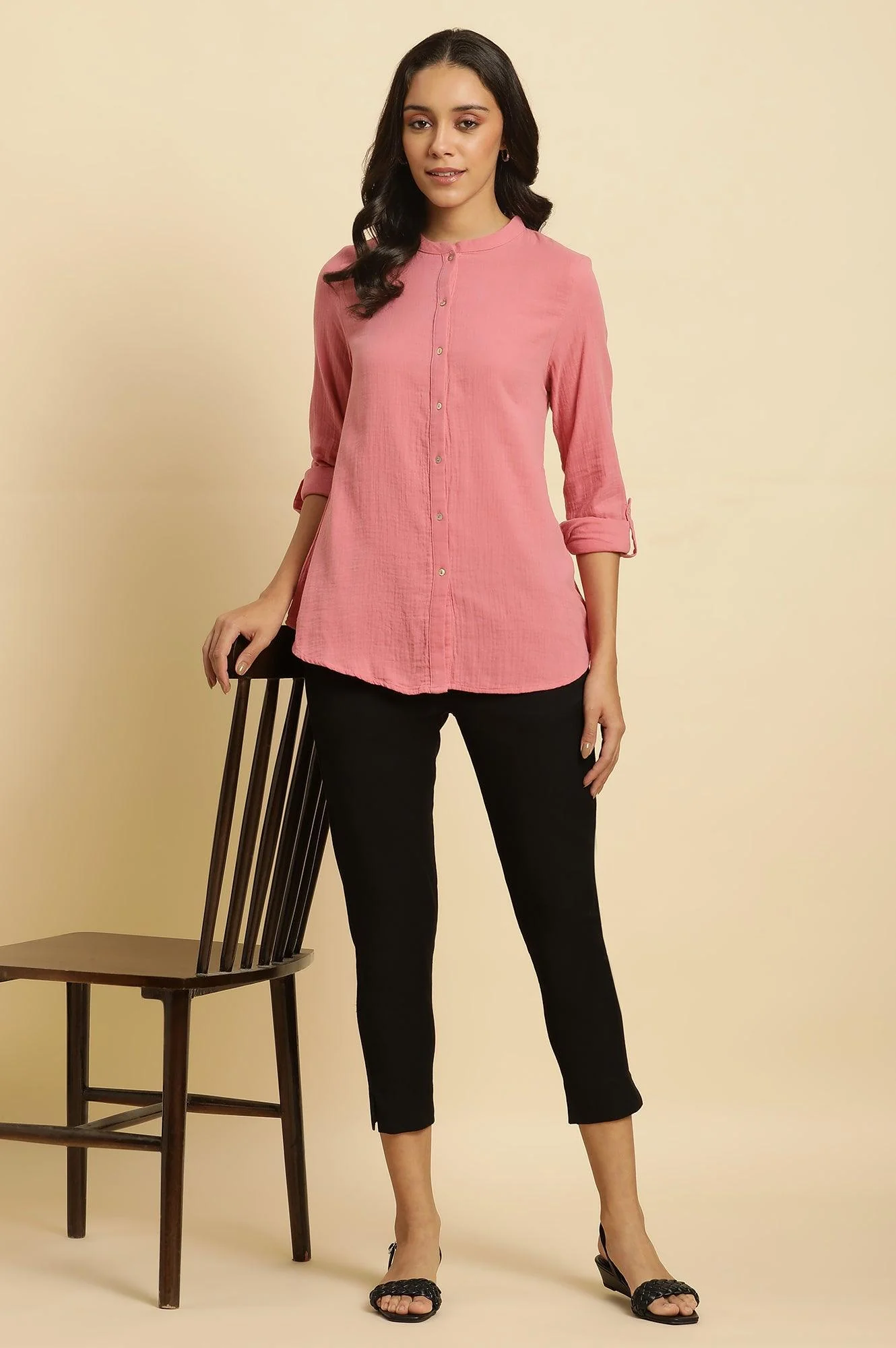 Pink Mandarin Collar Western Straight Top - Image 5
