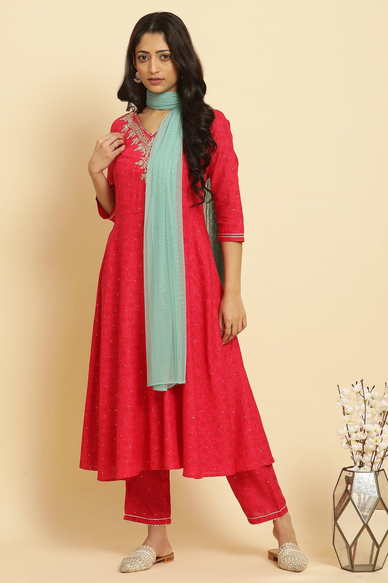 Pink Metallic Embroidered A-Line Kurta, Pants And Dupatta Set - Image 2