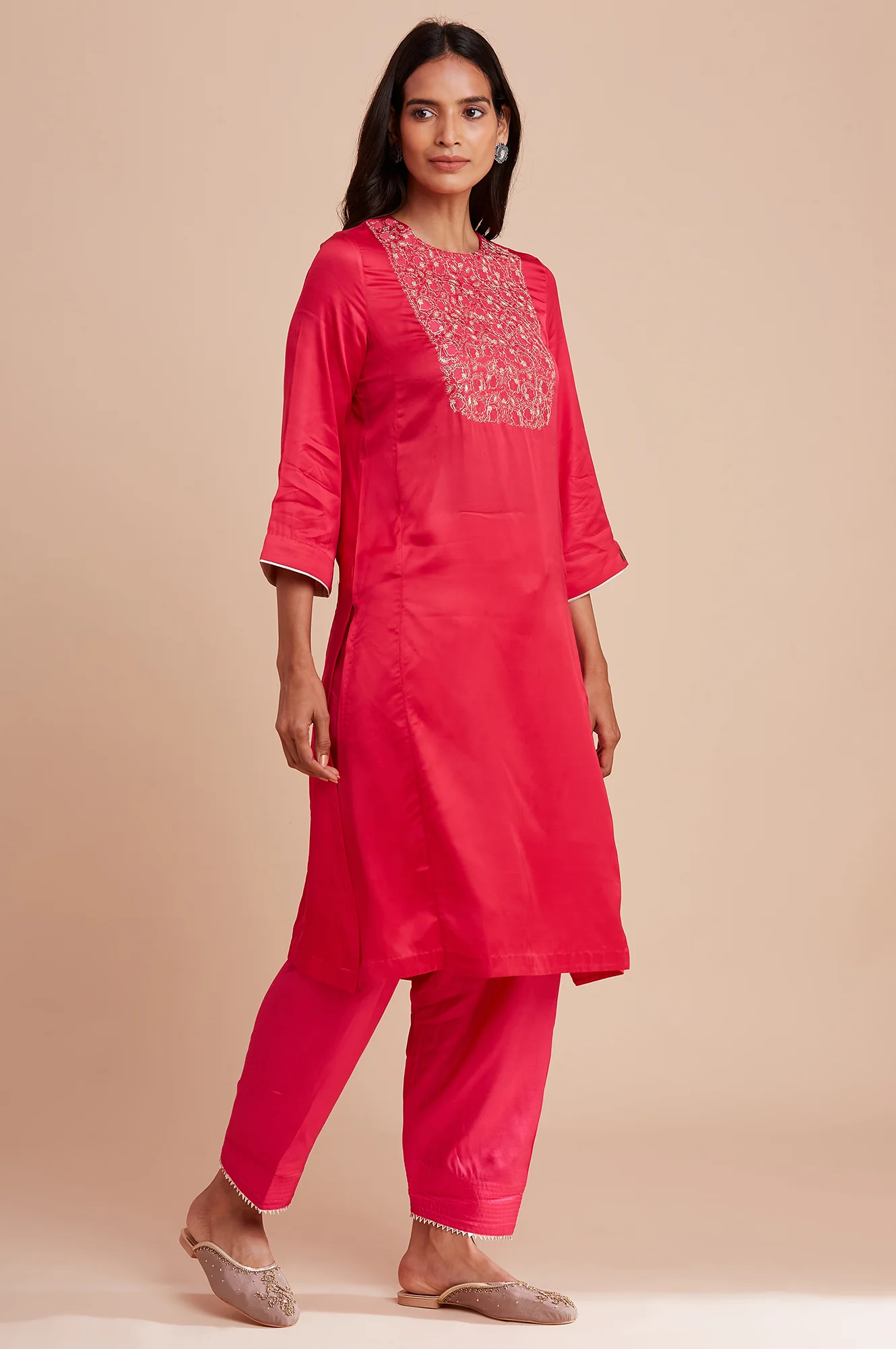 Pink Modal Satin Embroidered kurta - Image 4