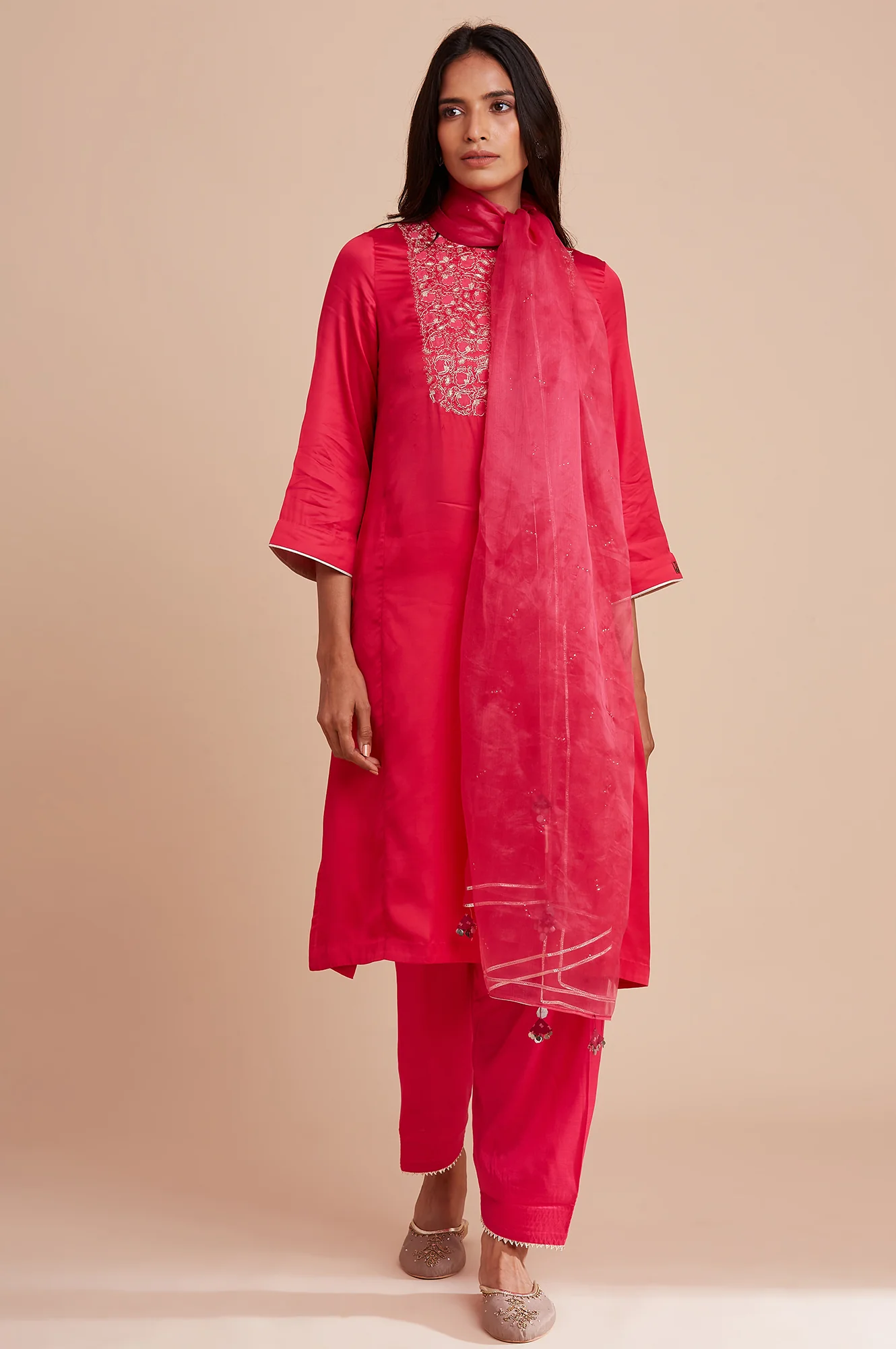 Pink Modal Satin Embroidered kurta - Image 5