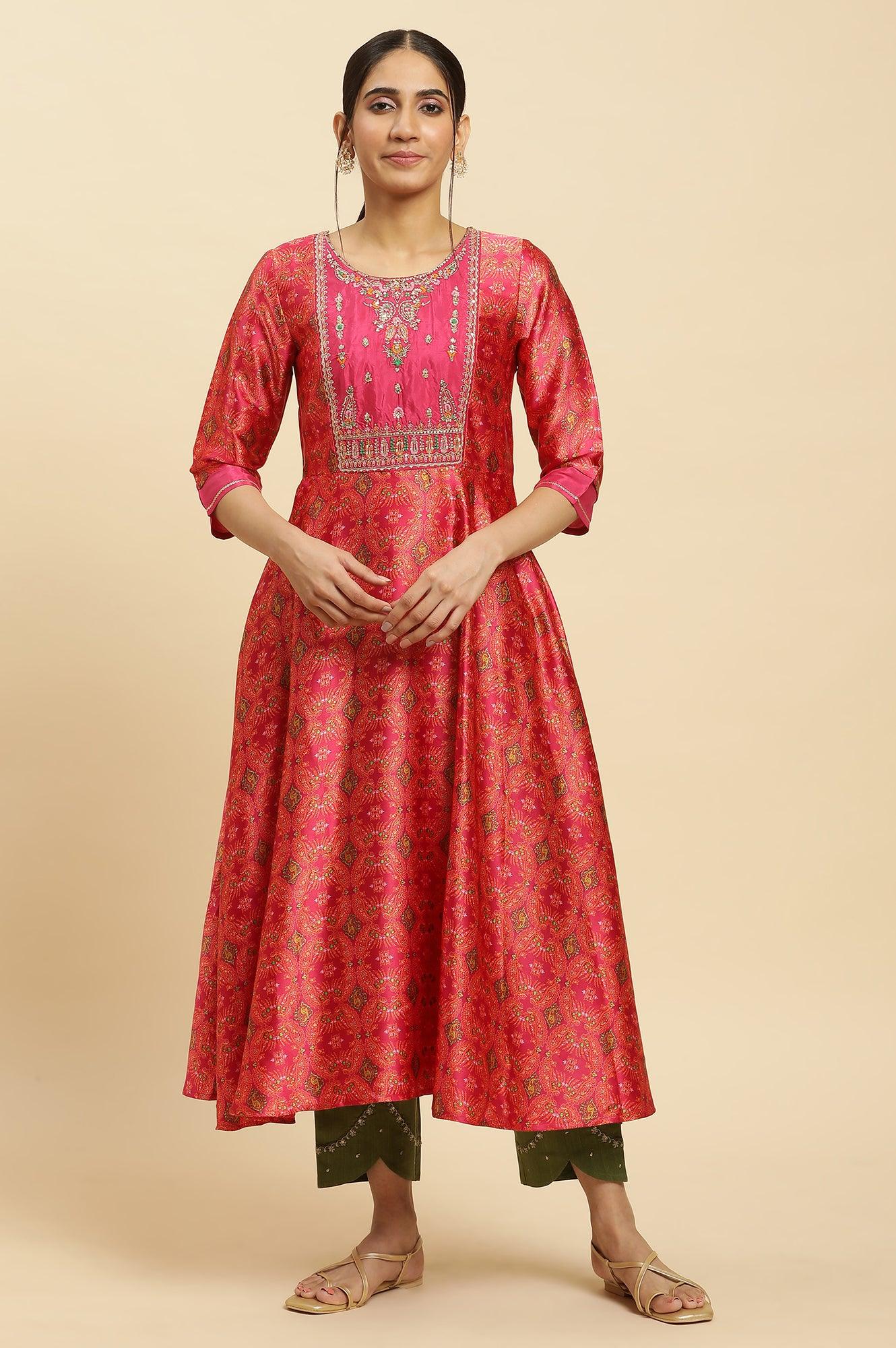 Pink Paisley Printed Flared Kurta With Embroidered Yoke - Image 2