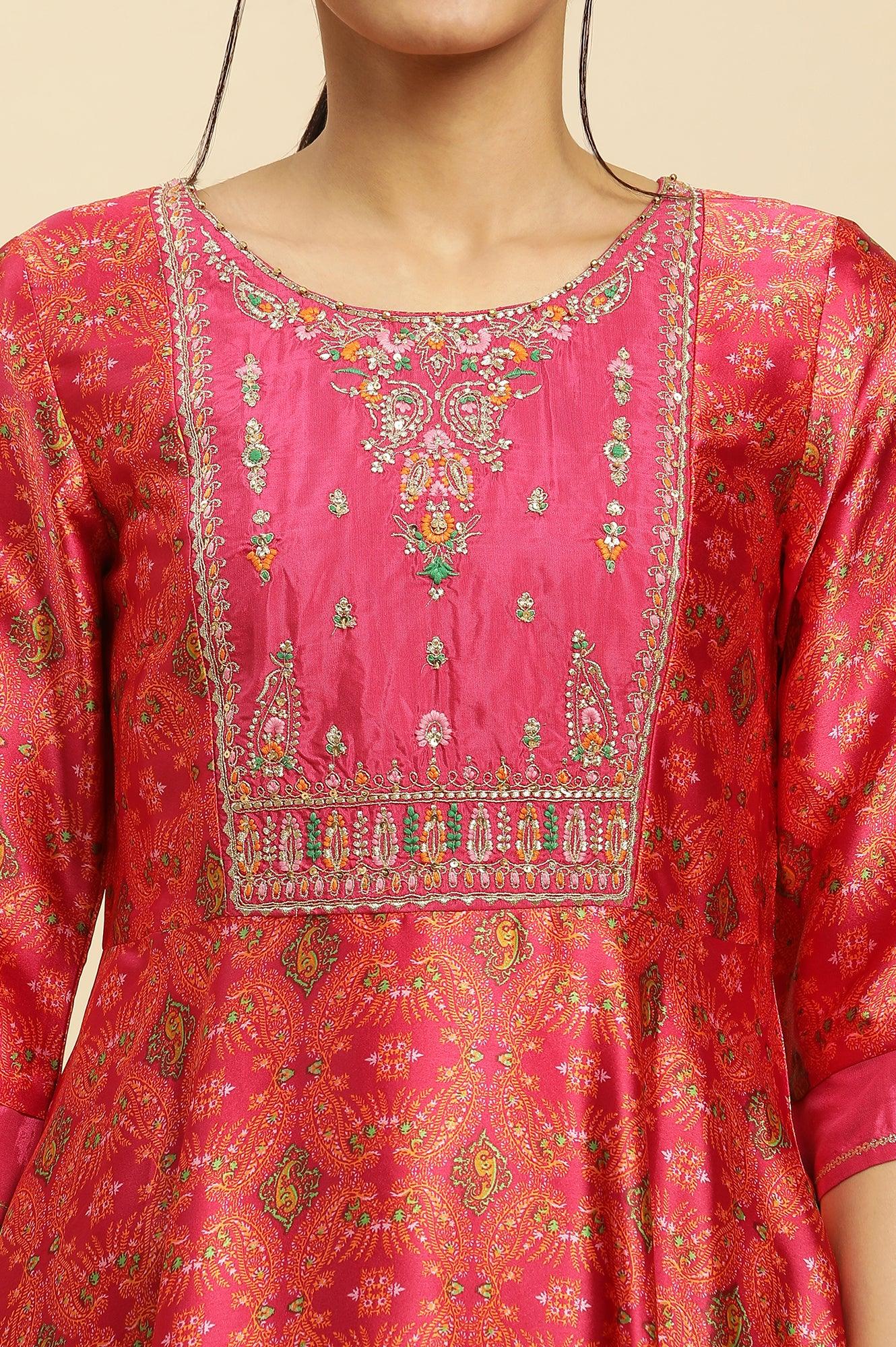 Pink Paisley Printed Flared Kurta With Embroidered Yoke - Image 6