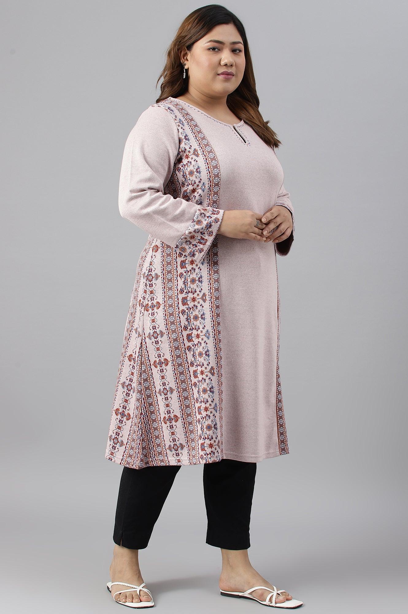 Pink Panelled A-Line Plus Size Winter kurta - Image 3
