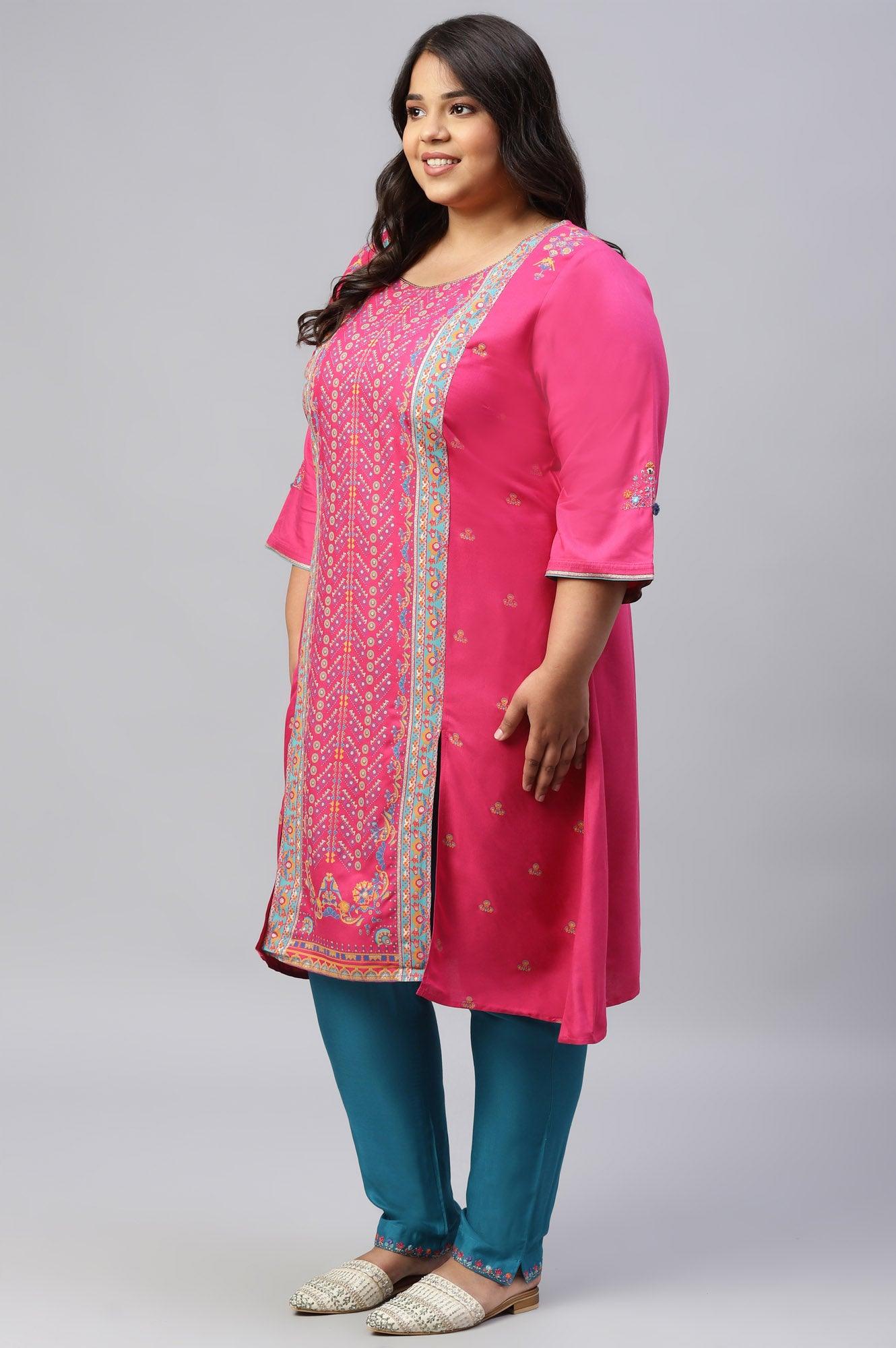 Pink Placement Printed Festive Plus Size kurta - Image 3