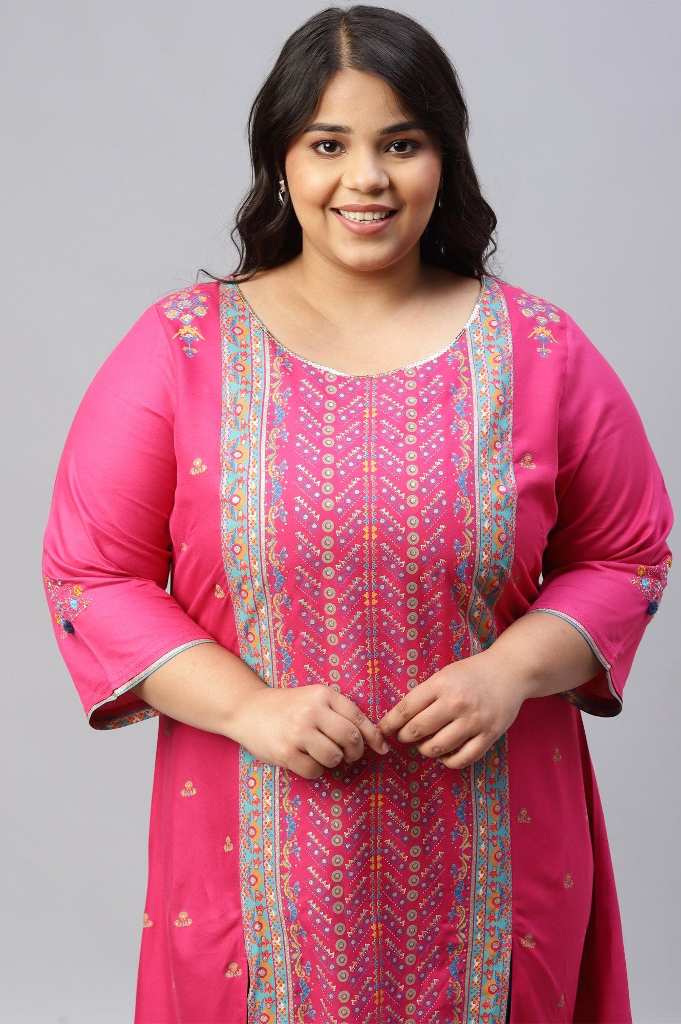 Pink Placement Printed Festive Plus Size kurta - Image 5