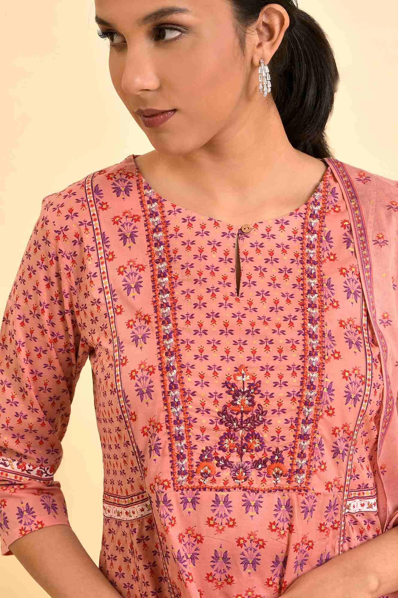 Pink Printed A-Line Kurta, Pants And Dupatta Set - Image 6