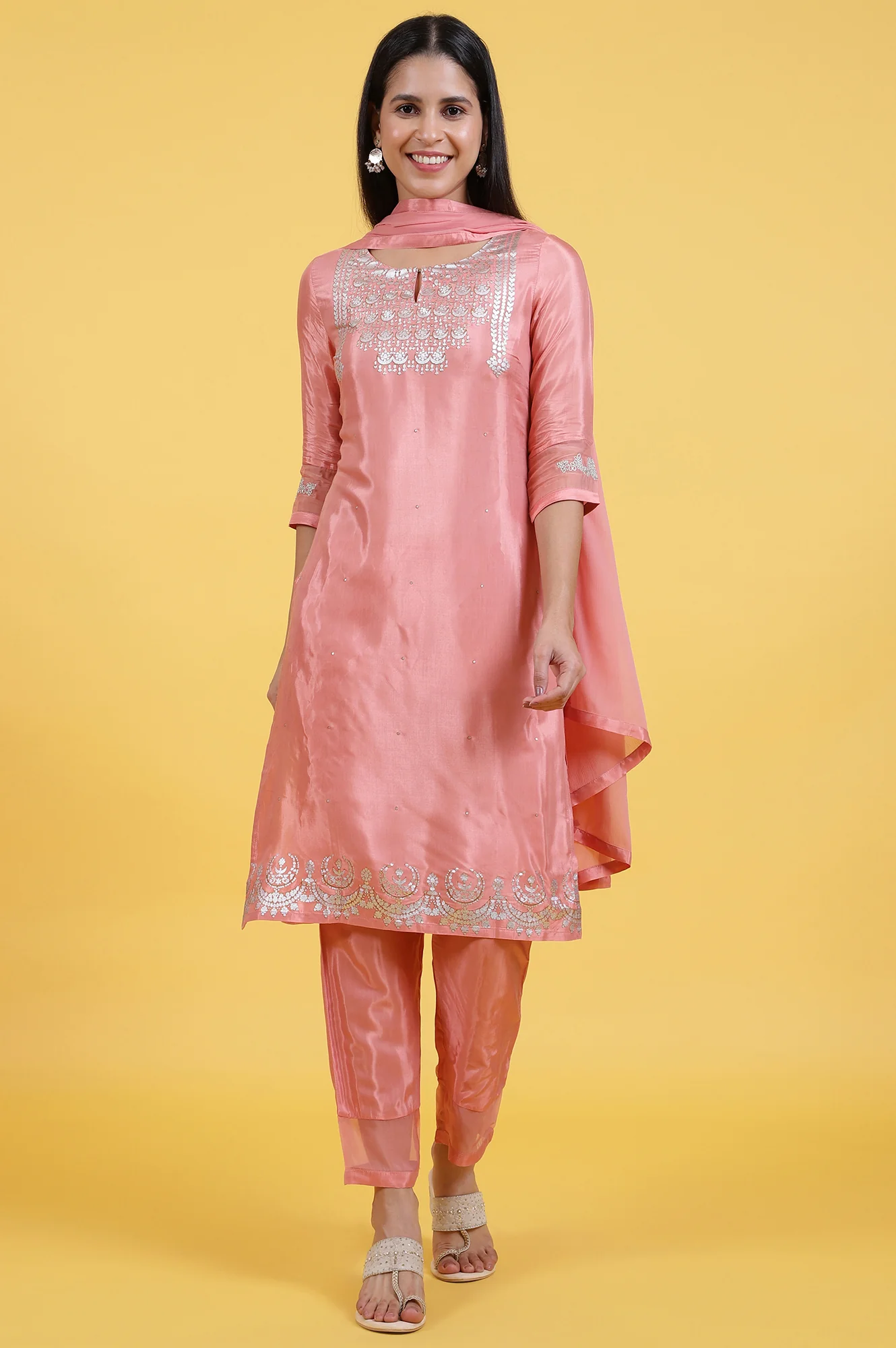 Pink Foil Printed Shantung Straight Kurta, Pants and Dupatta Set - Image 2
