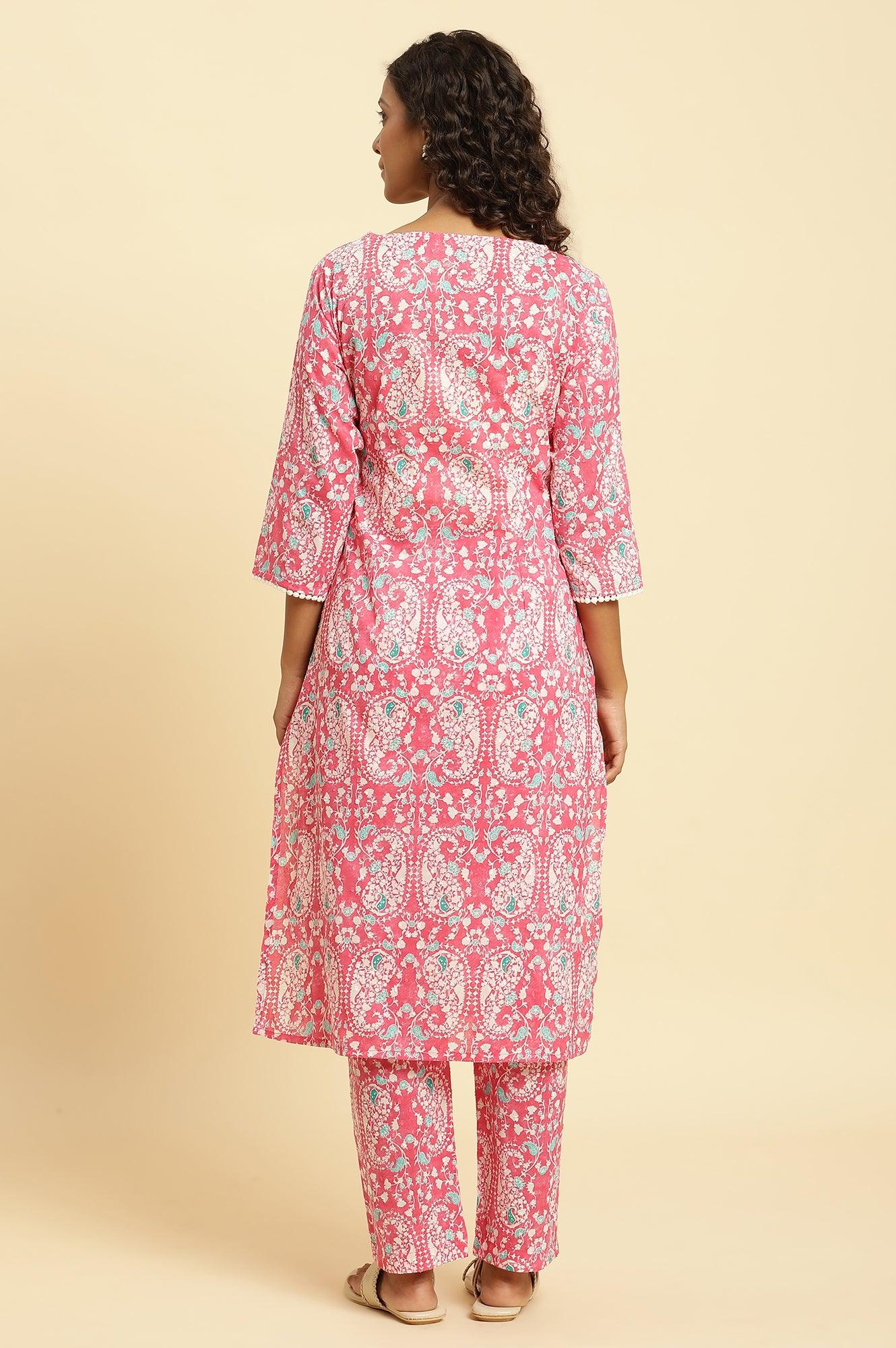 Pink Printed Straight Kurta And Pants Co-Ord Set - Image 4