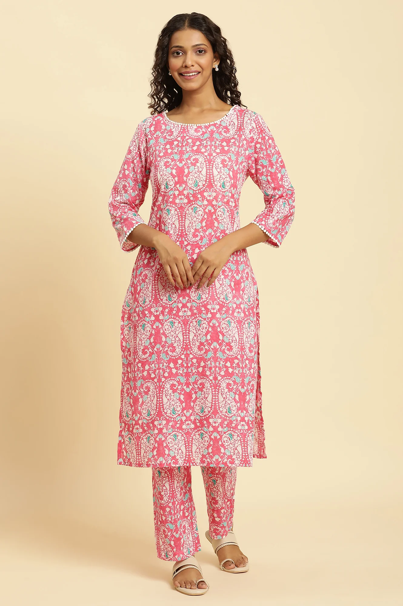 Pink Printed Straight Kurta And Pants Co-Ord Set - Image 2