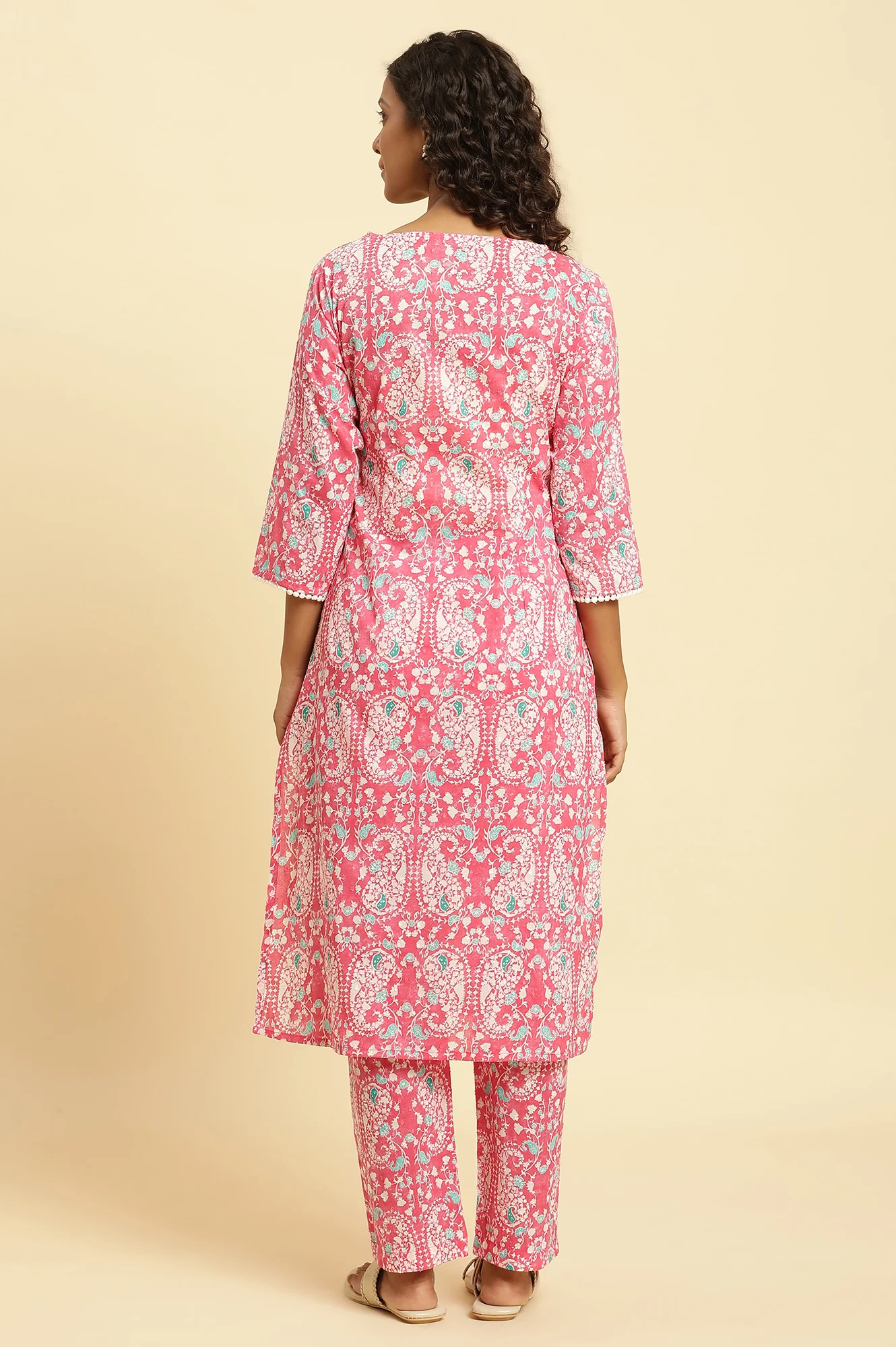 Pink Printed Straight Kurta And Pants Co-Ord Set - Image 4