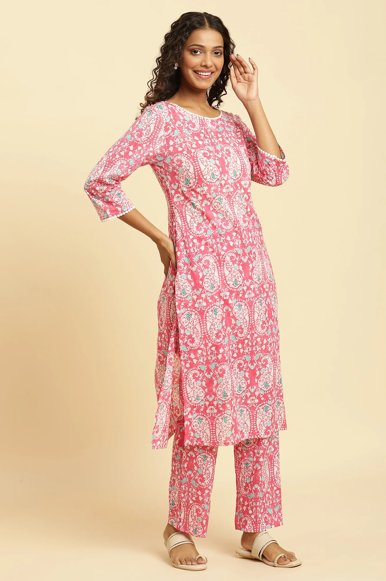 Pink Printed Straight Kurta And Pants Co-Ord Set - Image 5