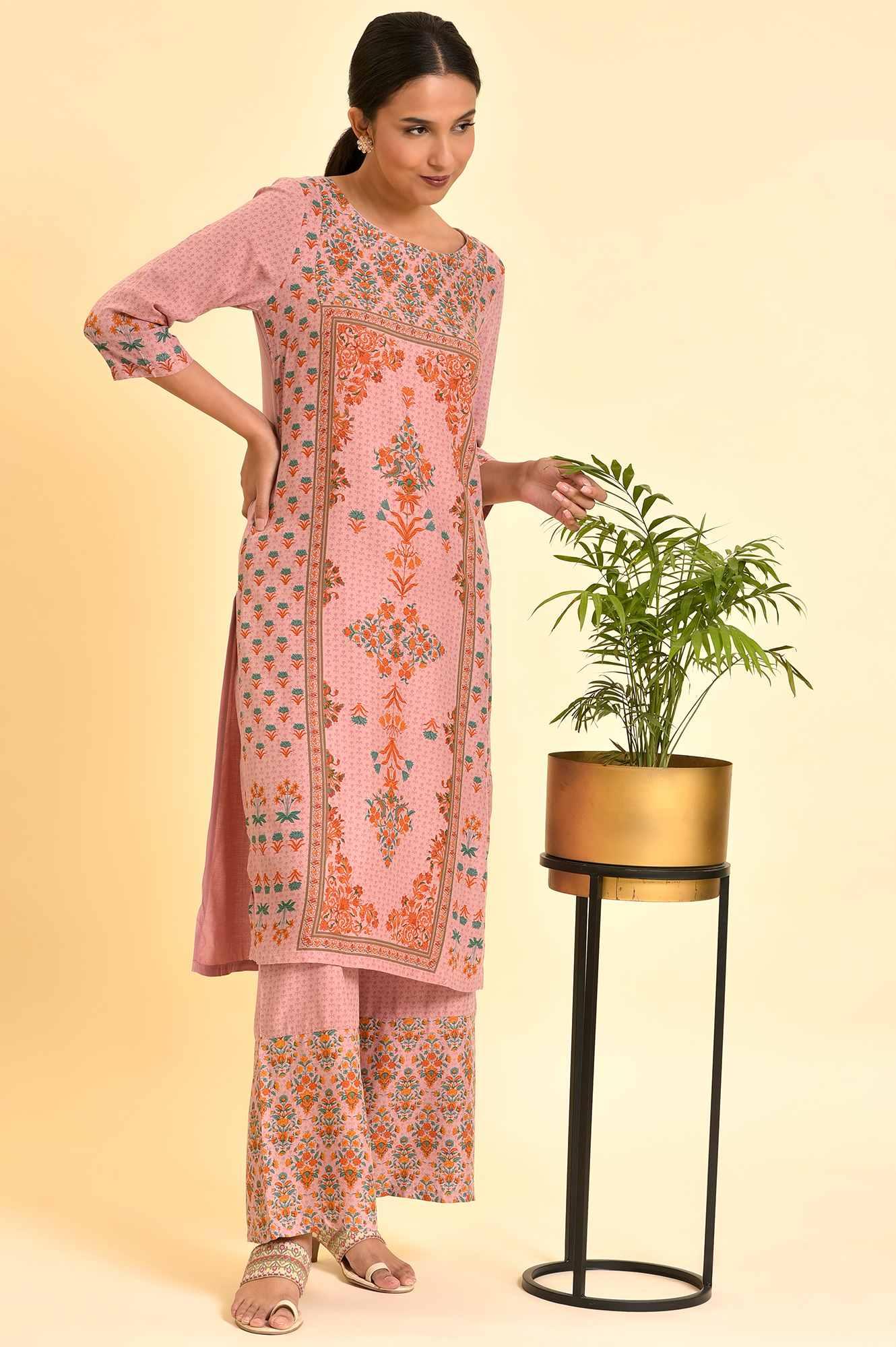 Pink Printed Straight Kurta And Parallel Pants Set