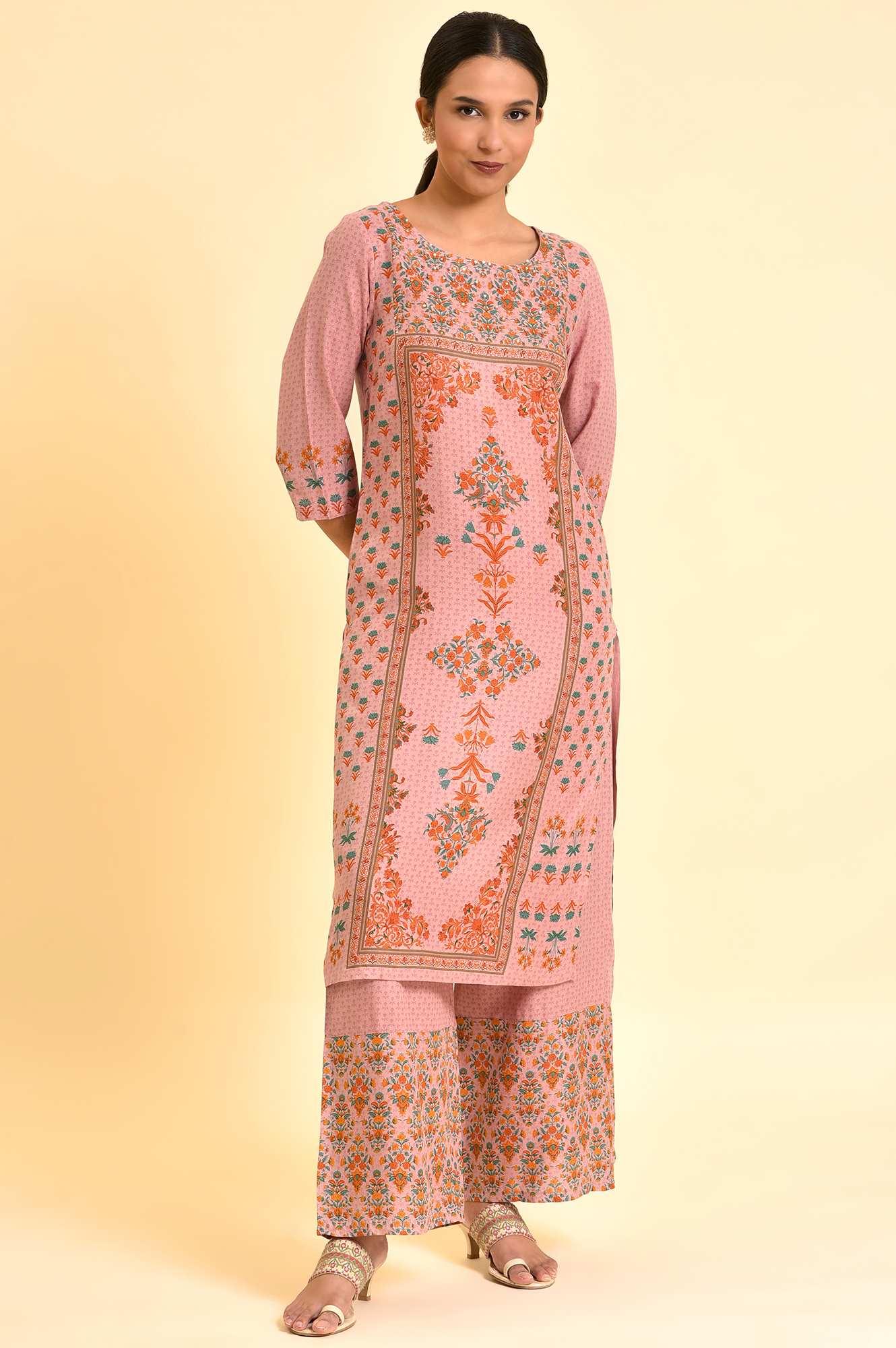 Pink Printed Straight Kurta And Parallel Pants Set - Image 2