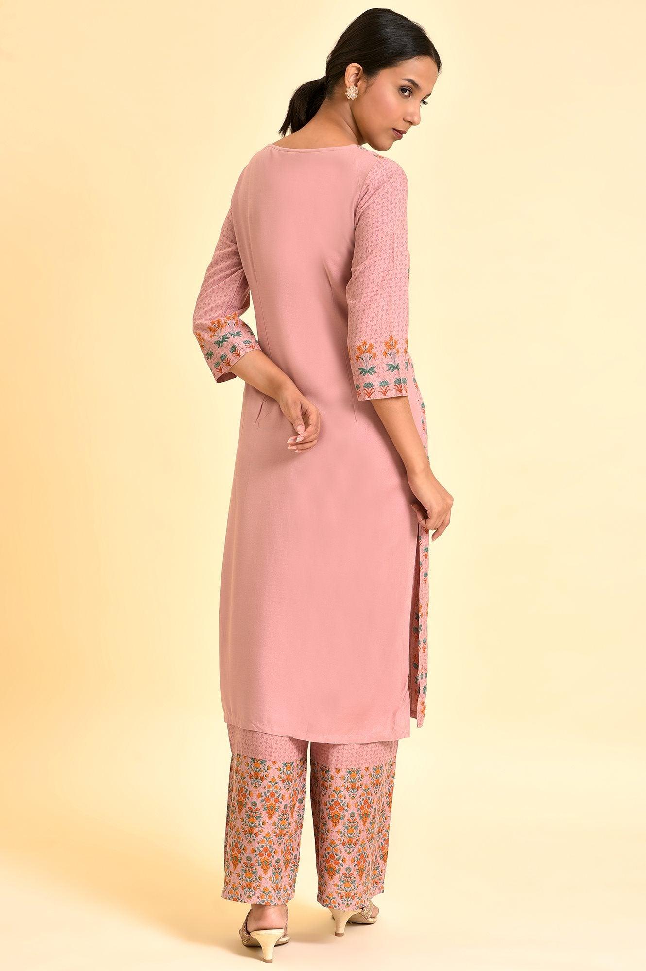 Pink Printed Straight Kurta And Parallel Pants Set - Image 3