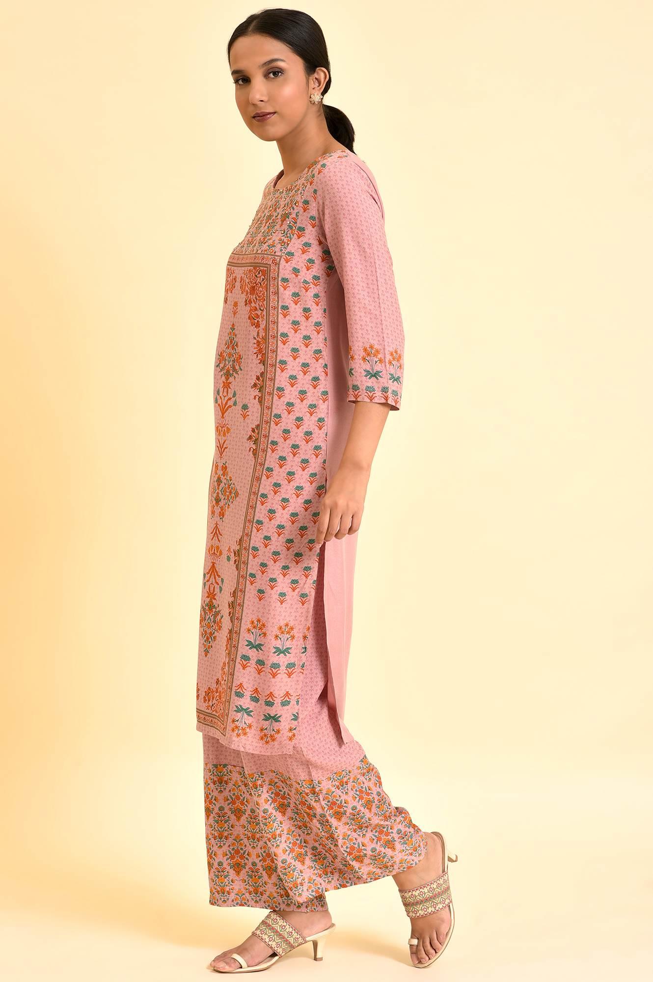 Pink Printed Straight Kurta And Parallel Pants Set - Image 4