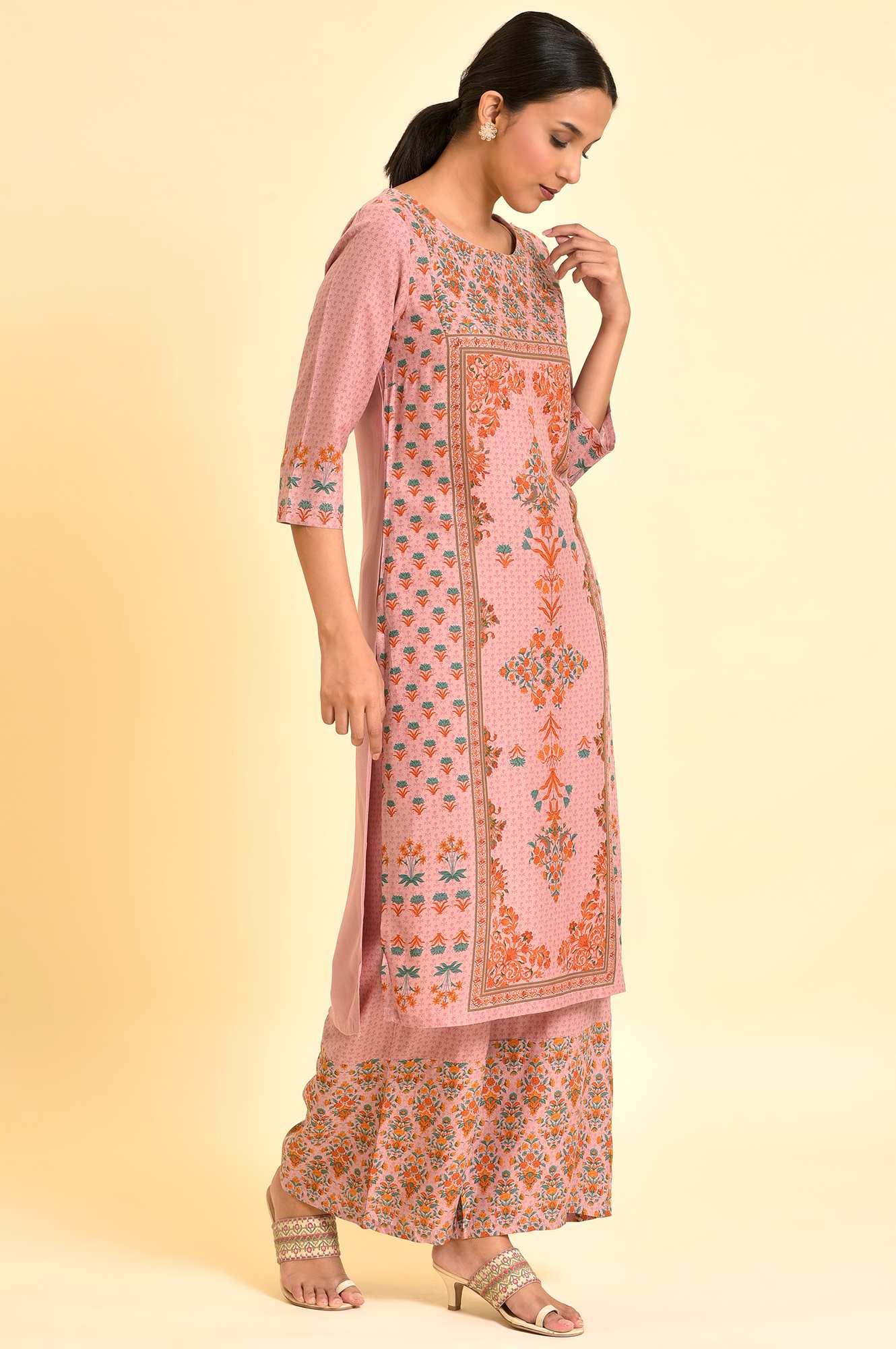 Pink Printed Straight Kurta And Parallel Pants Set - Image 5