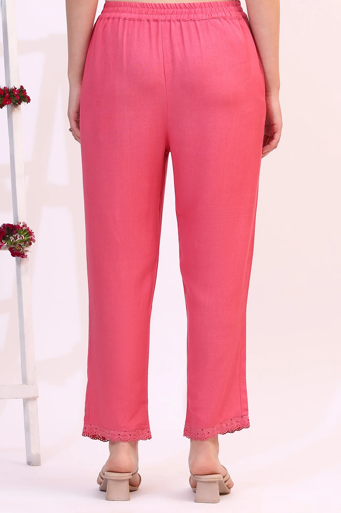Pink Rayon Flax Staright Pants Schiffli Lace Detail - Image 4