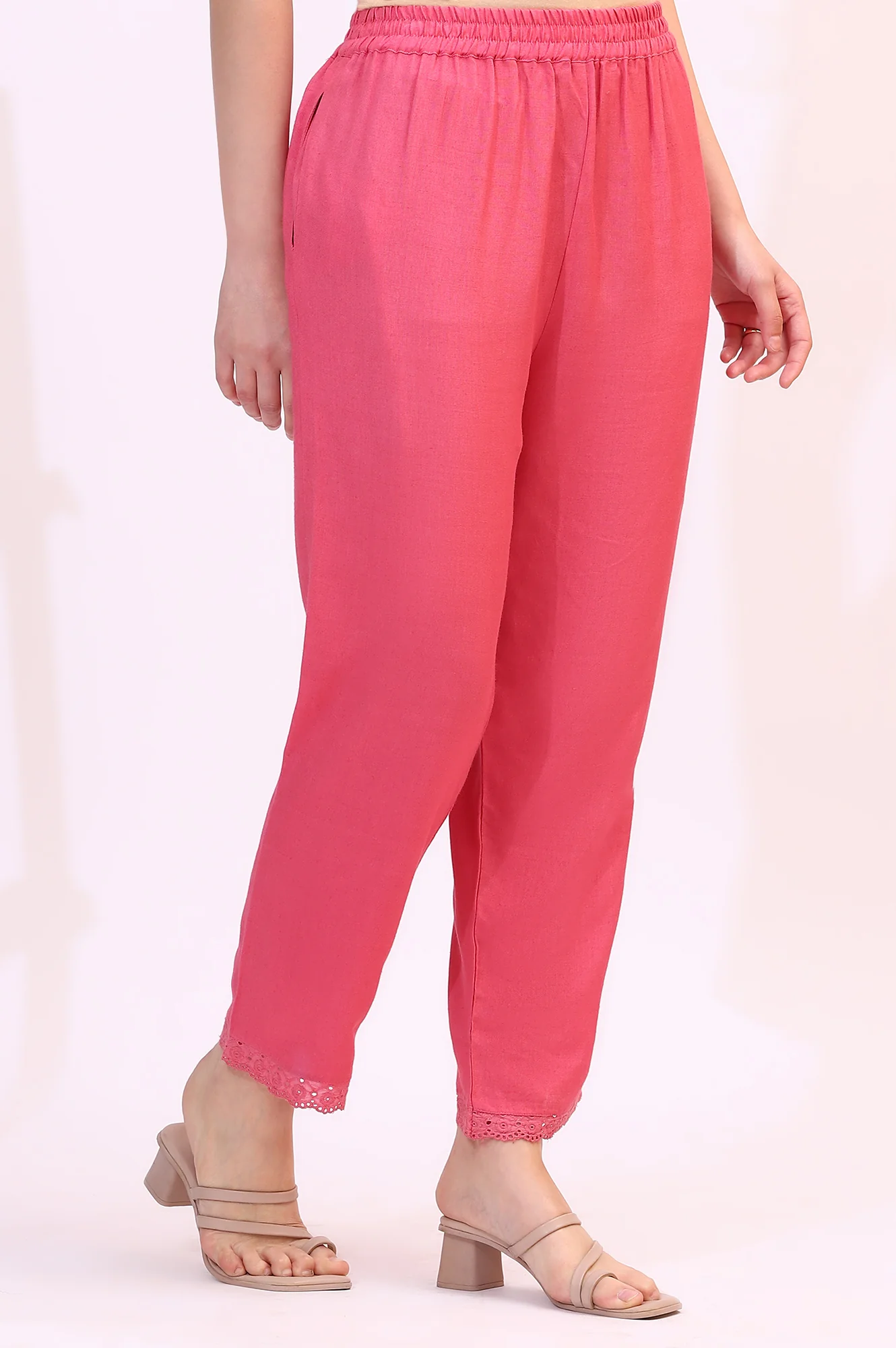 Pink Rayon Flax Staright Pants Schiffli Lace Detail - Image 5