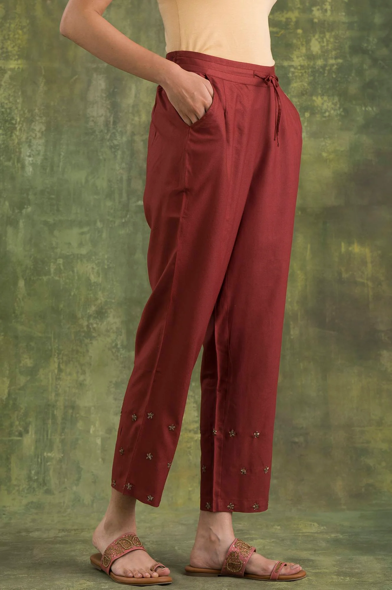 Pink Solid Embroidered Straight Silk Pant - Image 4