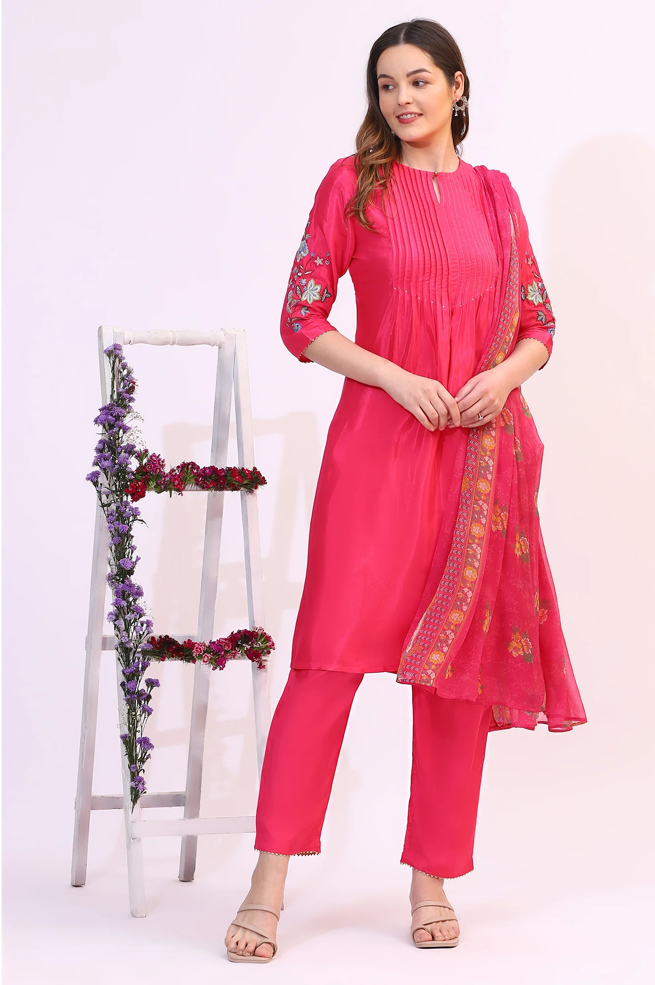 Pink Embroidered Shantung Kurta, Pants and Dupatta Set - Image 2