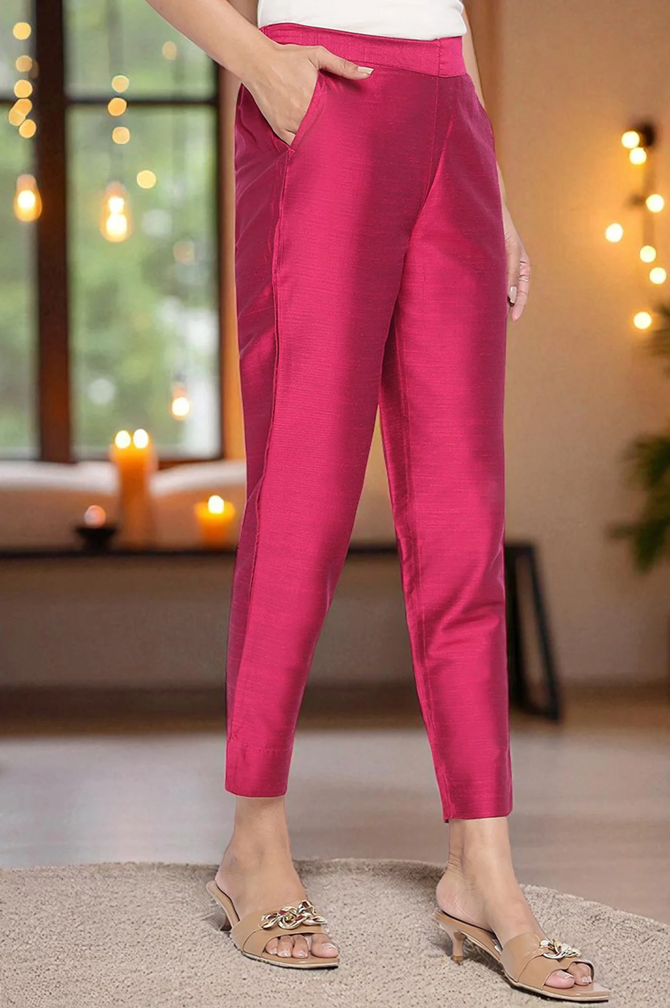 Elleven Women's Pink Solid Mid Rise Slub Trousers in Ankle Length - Image 3