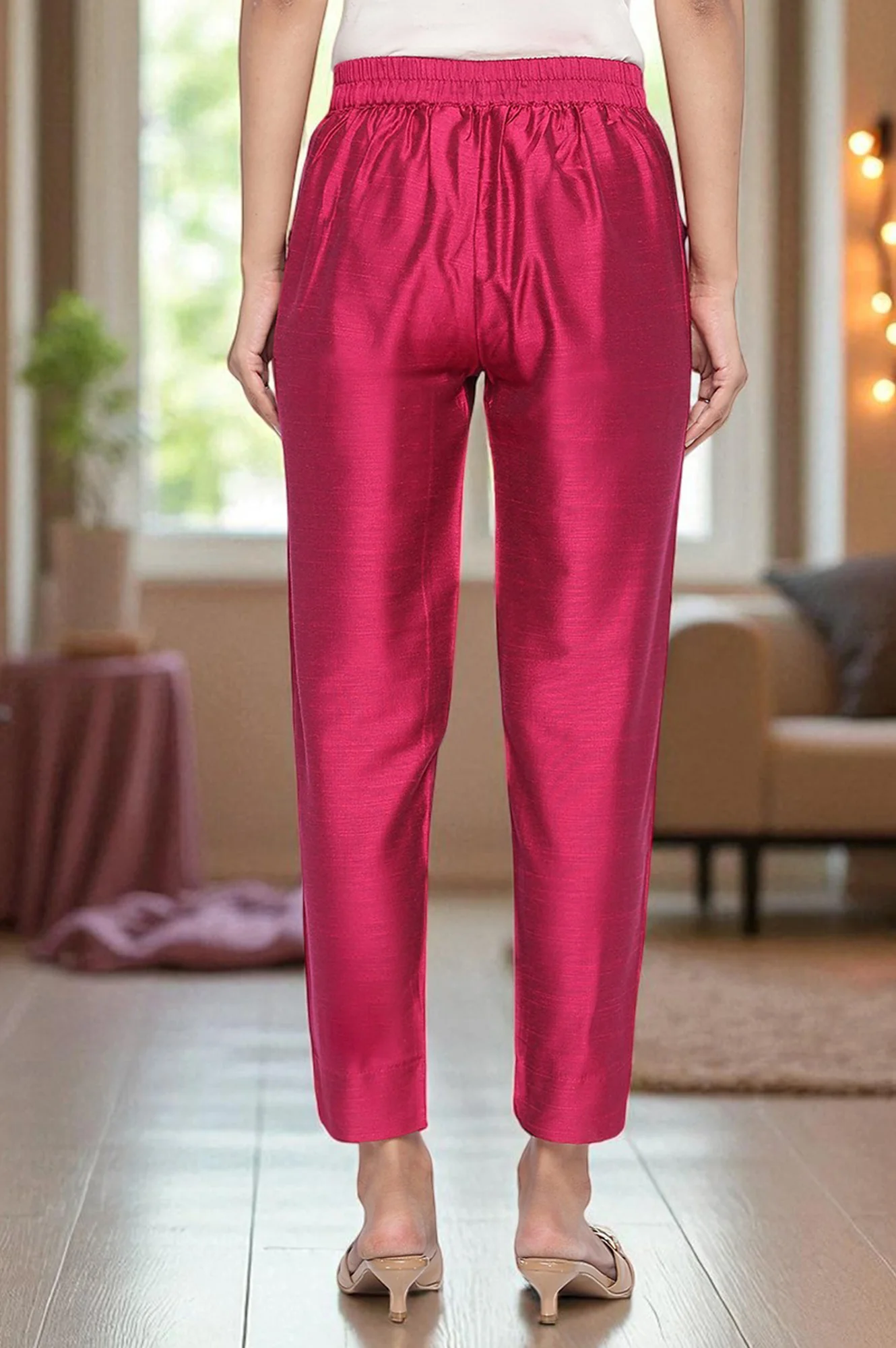 Elleven Women's Pink Solid Mid Rise Slub Trousers in Ankle Length - Image 4