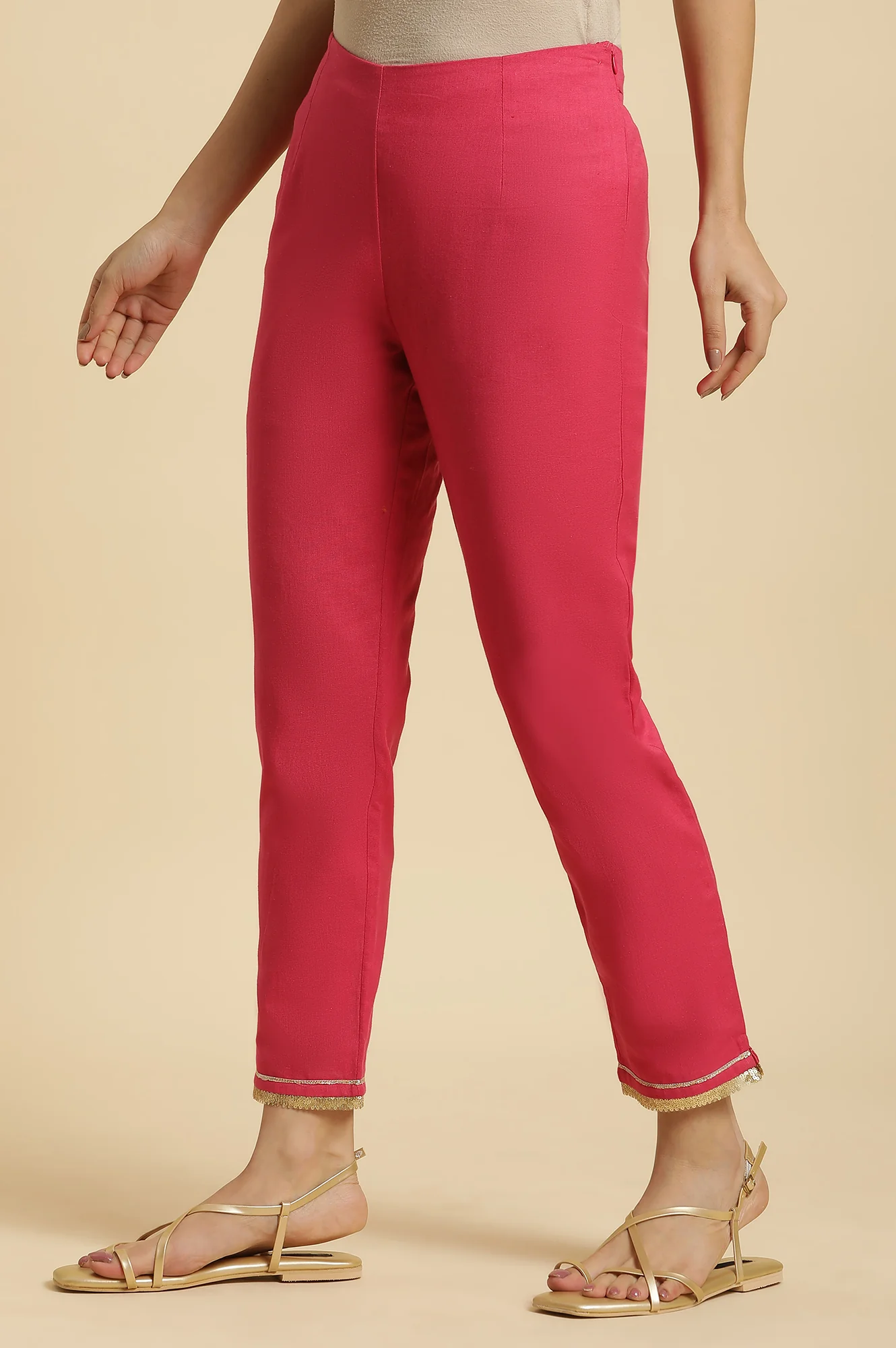 Pink Solid Printed Shantung Straight Kurta with Slim Pant Set - Image 3
