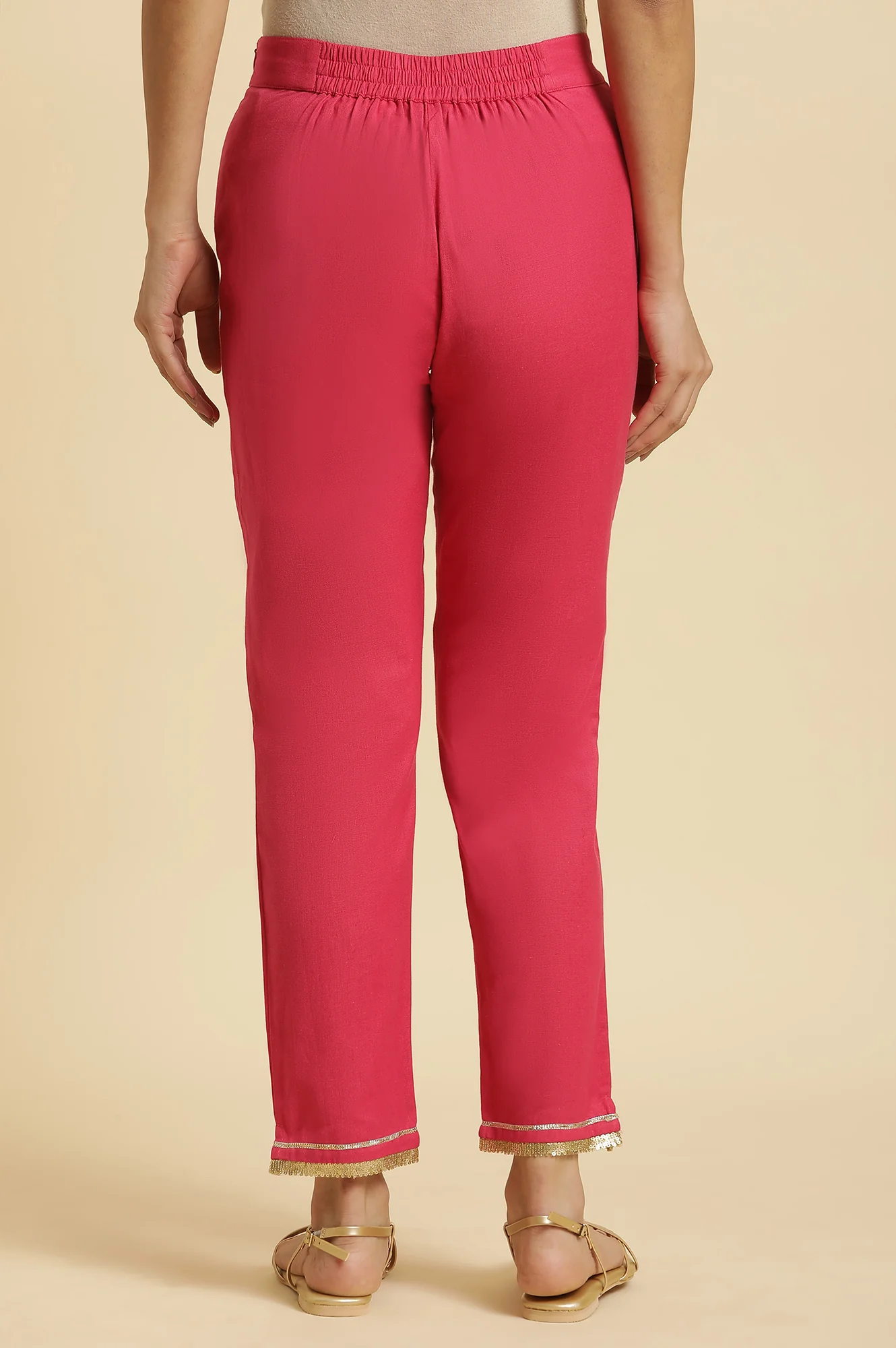 Pink Solid Printed Shantung Straight Kurta with Slim Pant Set - Image 4