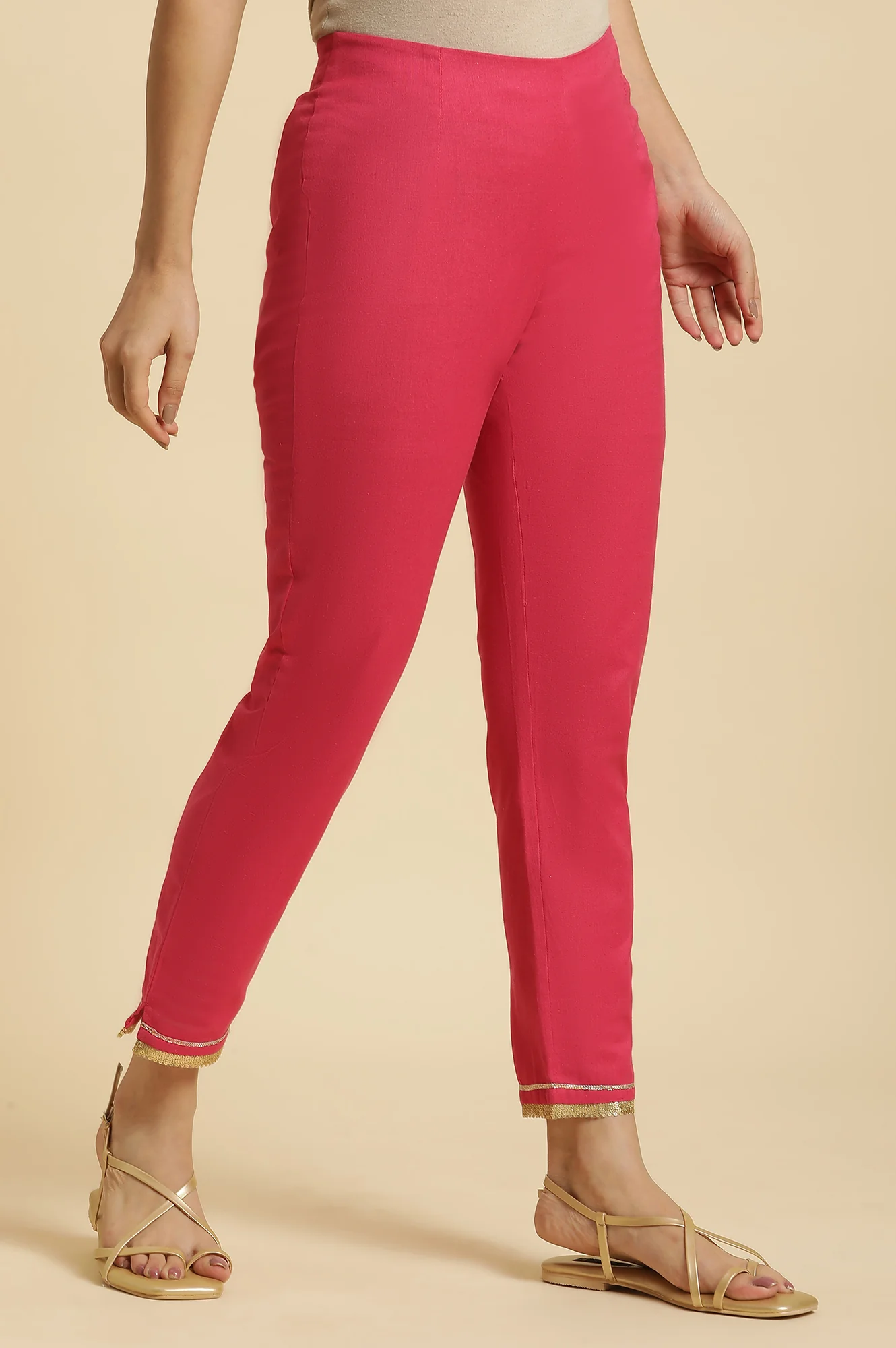 Pink Solid Printed Shantung Straight Kurta with Slim Pant Set - Image 5